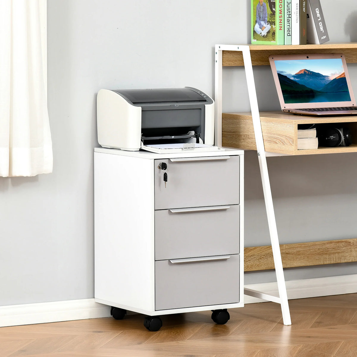 Mobile Filing Cabinet 3 Drawers with Central Locking 4 Swivel Casters 2 Braked Spacious Top