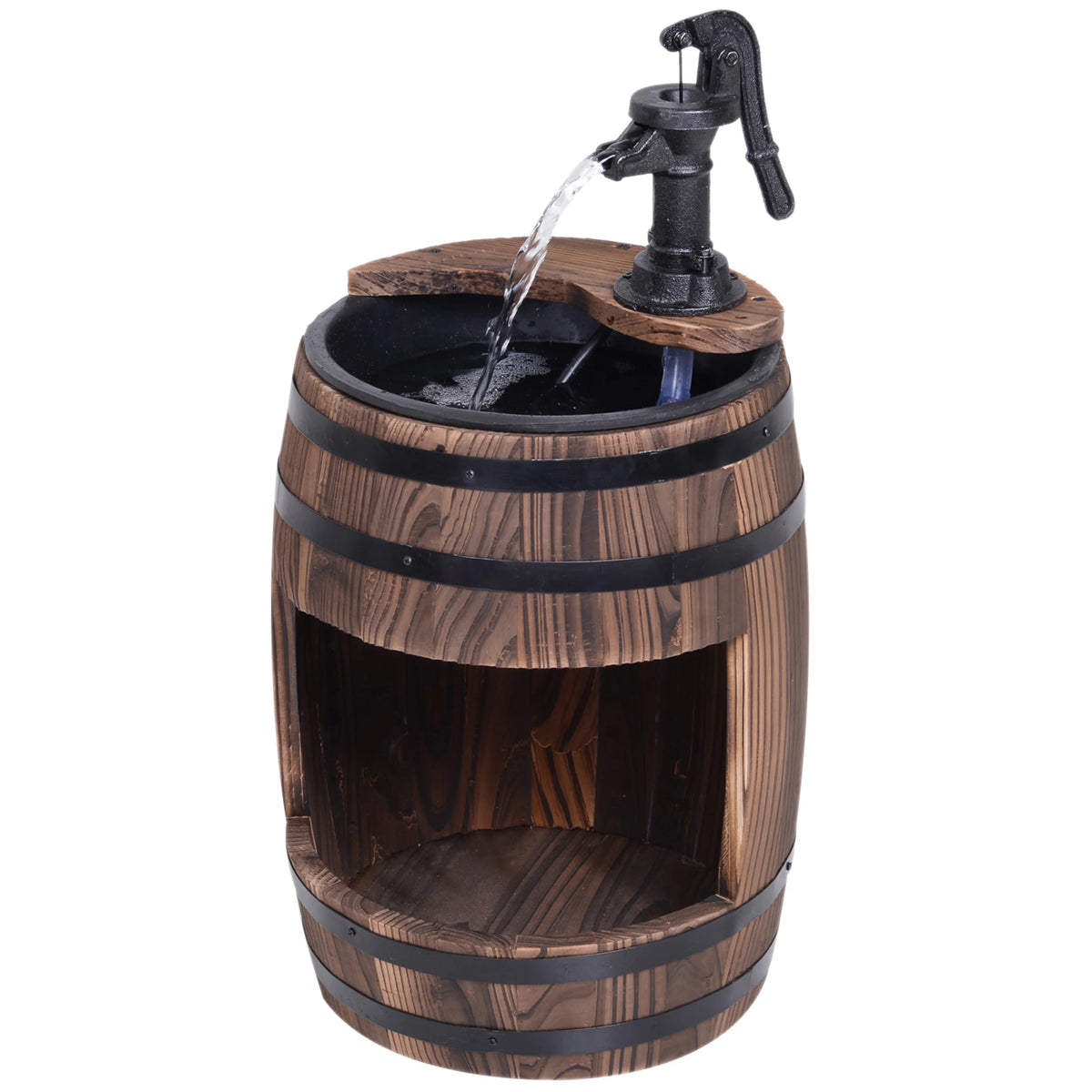 Wood Barrel Garden Fountain Water Feature with Submersible Pump Adjustable Flow Solid Fir Wood Retro