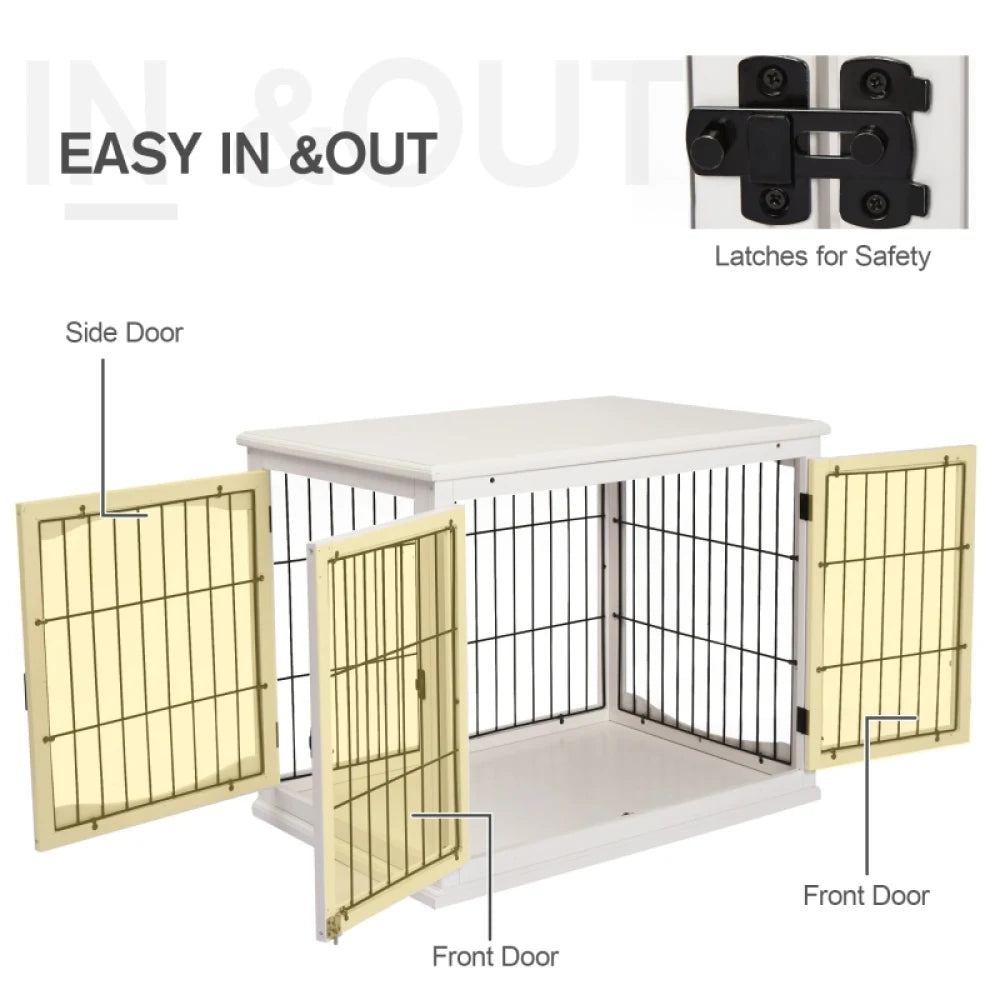 Dog Crate Furniture Puppy End Table 81x58.5x66cm White with 2 Doors for Medium Small Dogs