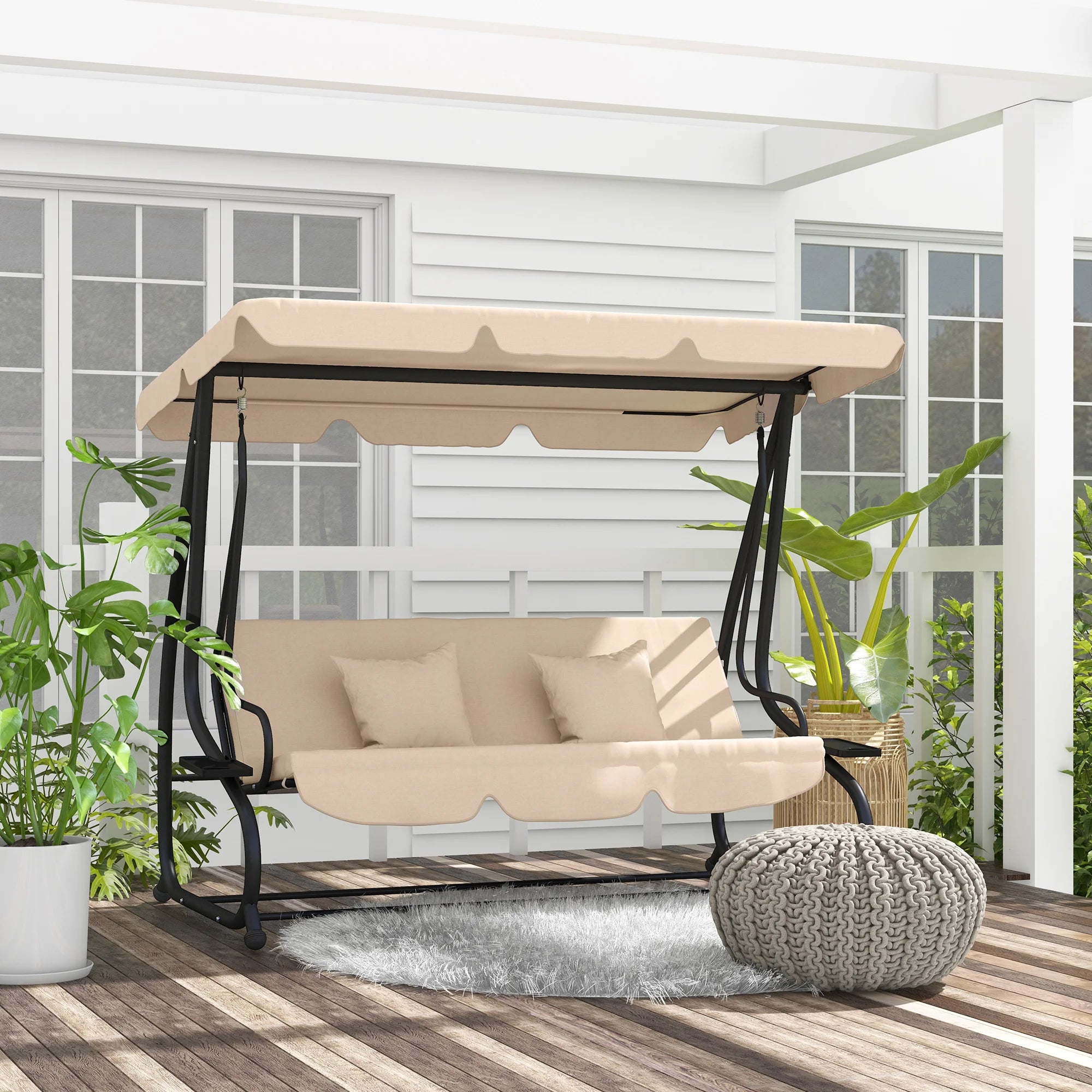 2-in-1 Garden Swing Seat Bed with Tilting Canopy, Cushioned Seat, 2 Pillows and Cup Holders