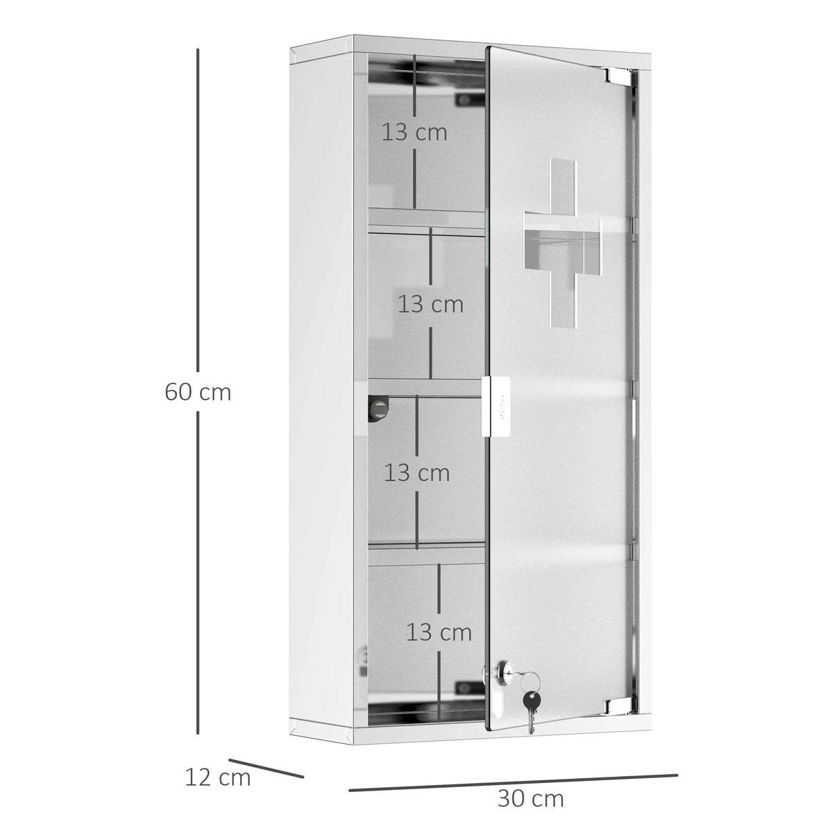 Lockable Medicine Cabinet with 4 Tier Shelves Stainless Steel Glass Door 2 Keys First Aid Cross