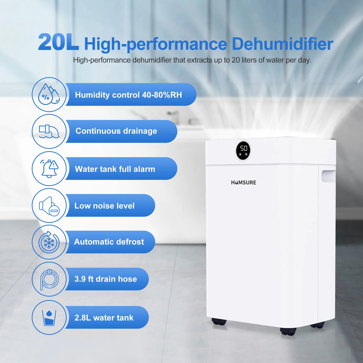 20L per Day Dehumidifier with 24-Hour Timer and Auto Defrost