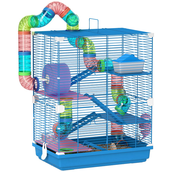 5 Tier Hamster Cage with Play Tunnel Exercise Wheel Food Dish Water Bottle and Carry Handle Blue