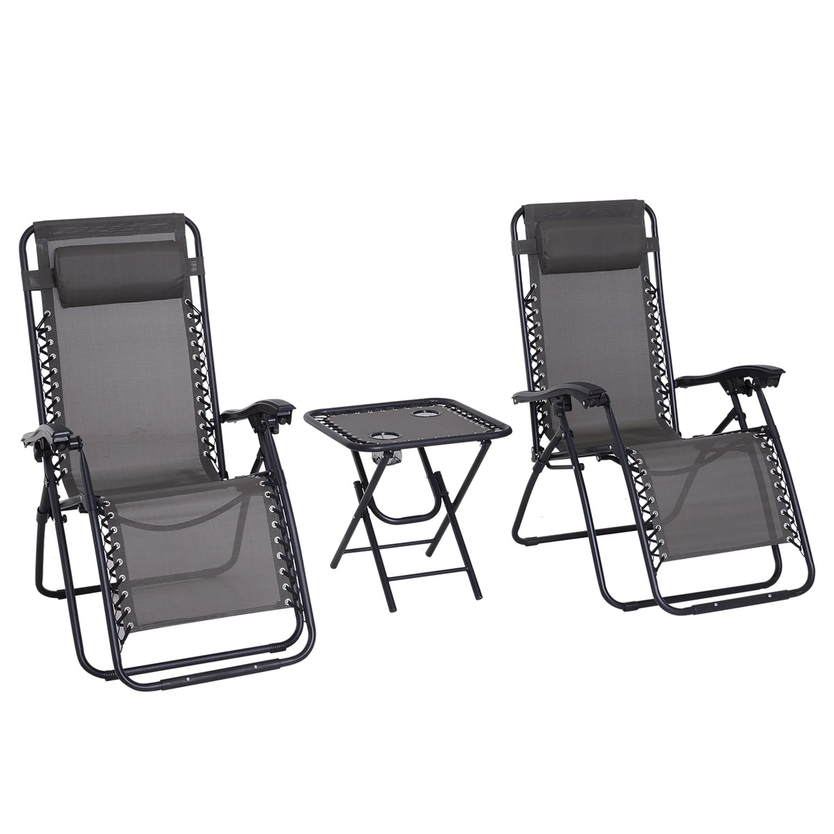 3pcs Folding Zero Gravity Chairs Sun Lounger Table Set w/ Cup Holders Reclining Garden Yard Pool, Black