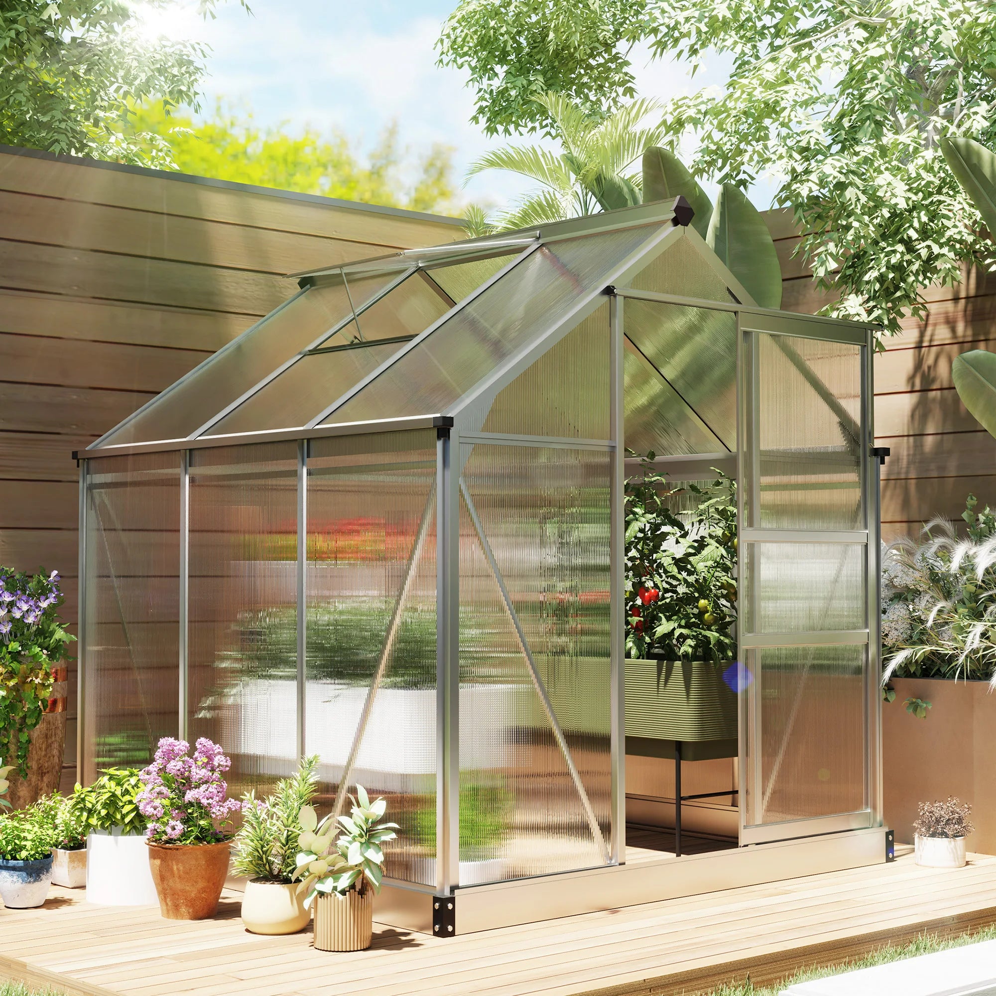 6 x 6ft Polycarbonate Walk-In Greenhouse with Sliding Door, Roof Ventilation and Aluminium Frame