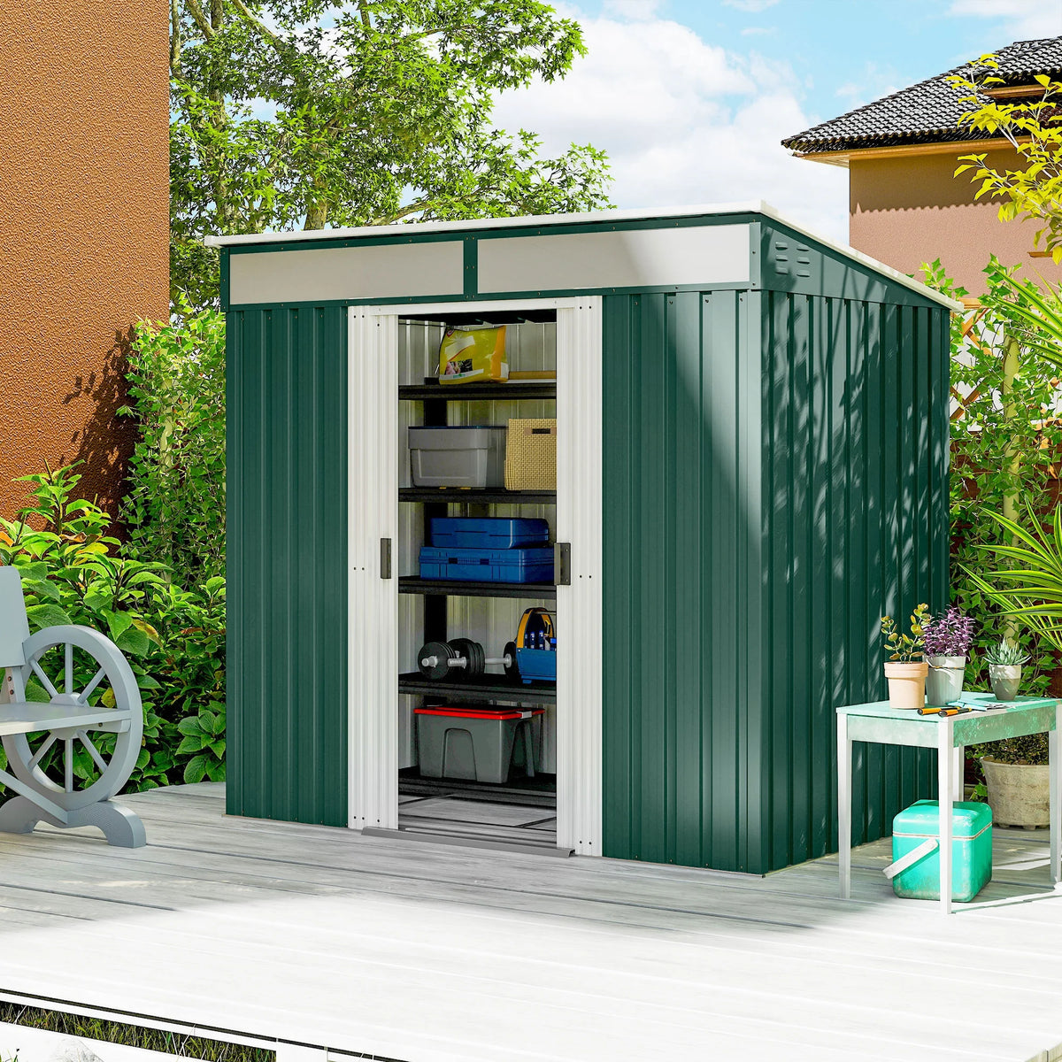 6.5 x 4ft Lockable Metal Garden Shed with Sliding Doors and Foundation Kit, Green