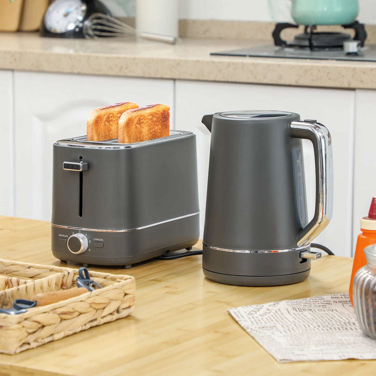 1.7L Fast Boil Kettle and 2 Slice Toaster Set with 6 Level Browning, Grey