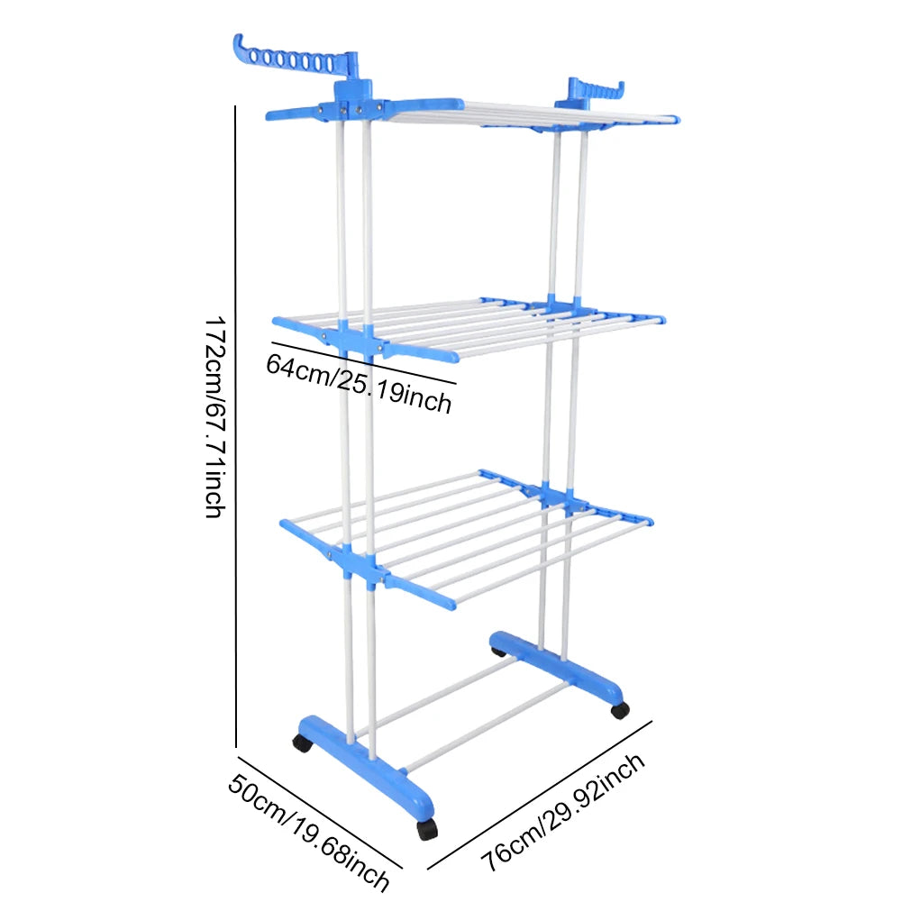 4-Tier Foldable Clothes Airer with Wheels and Side Wings, Rolling Laundry Drying Rack