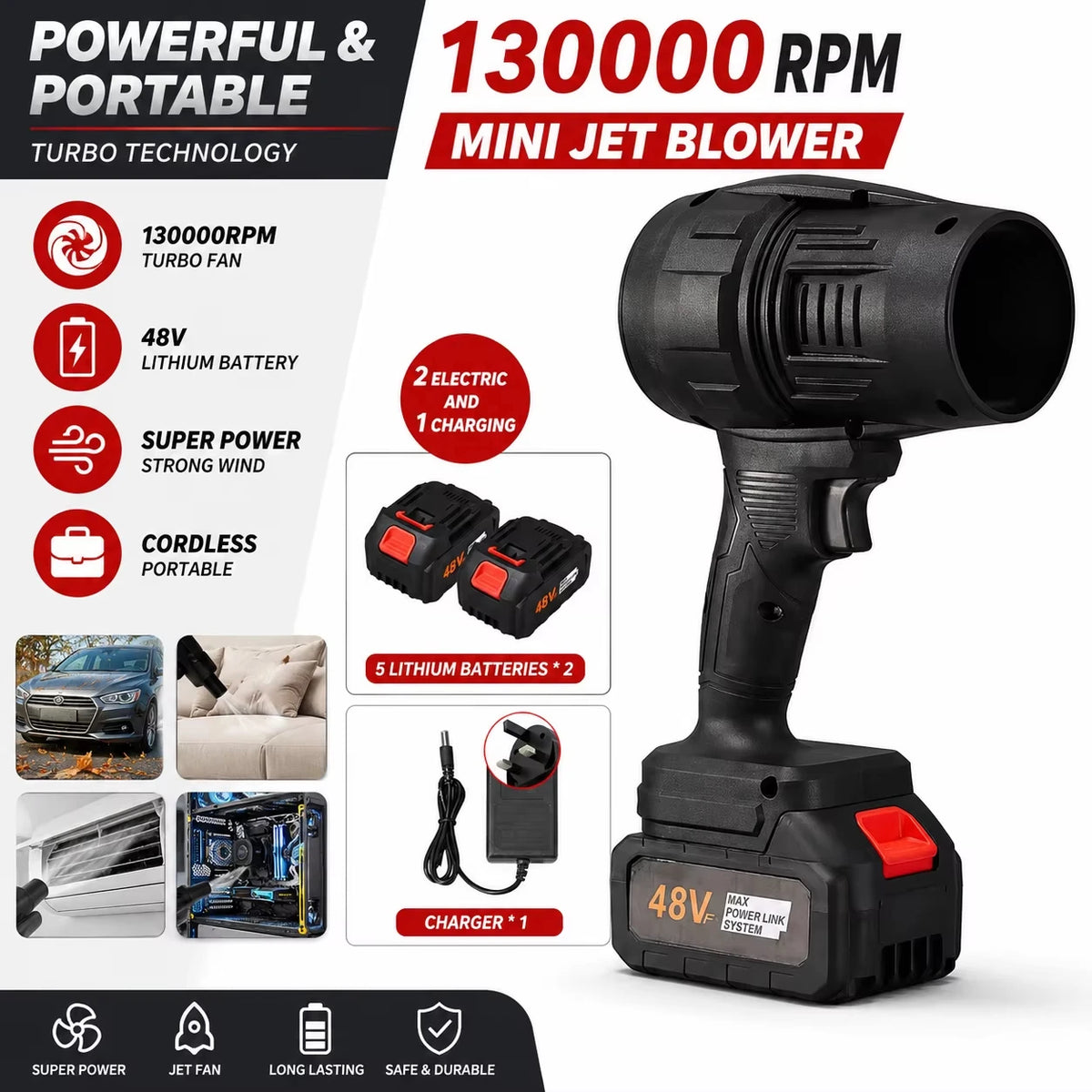 Cordless Jet Blower with 2 Batteries and Charger, Handheld Turbo Air Duster for Car Cleaning