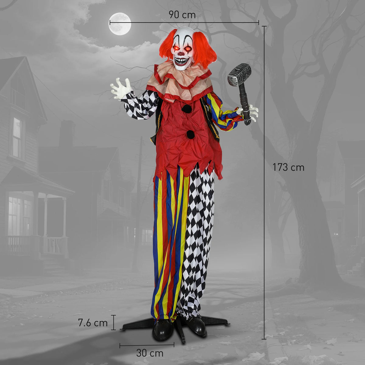Red glowing eyes on a multicoloured Halloween clown