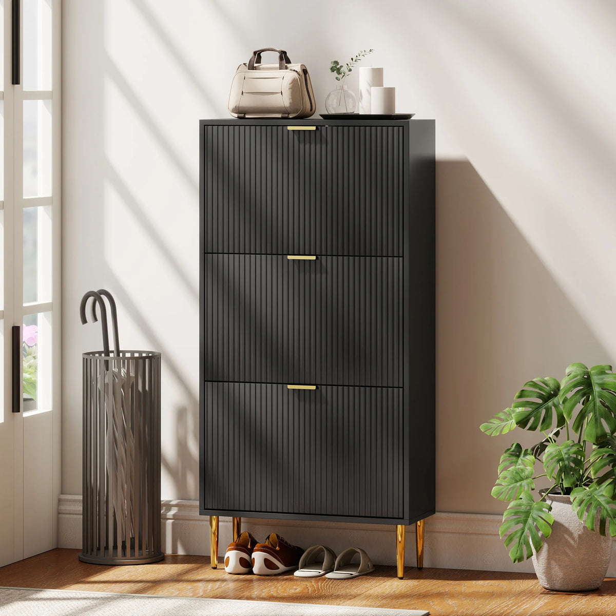 Narrow Shoe Cabinet with 3 Flip-Down Drawers and Adjustable Shelves, Black