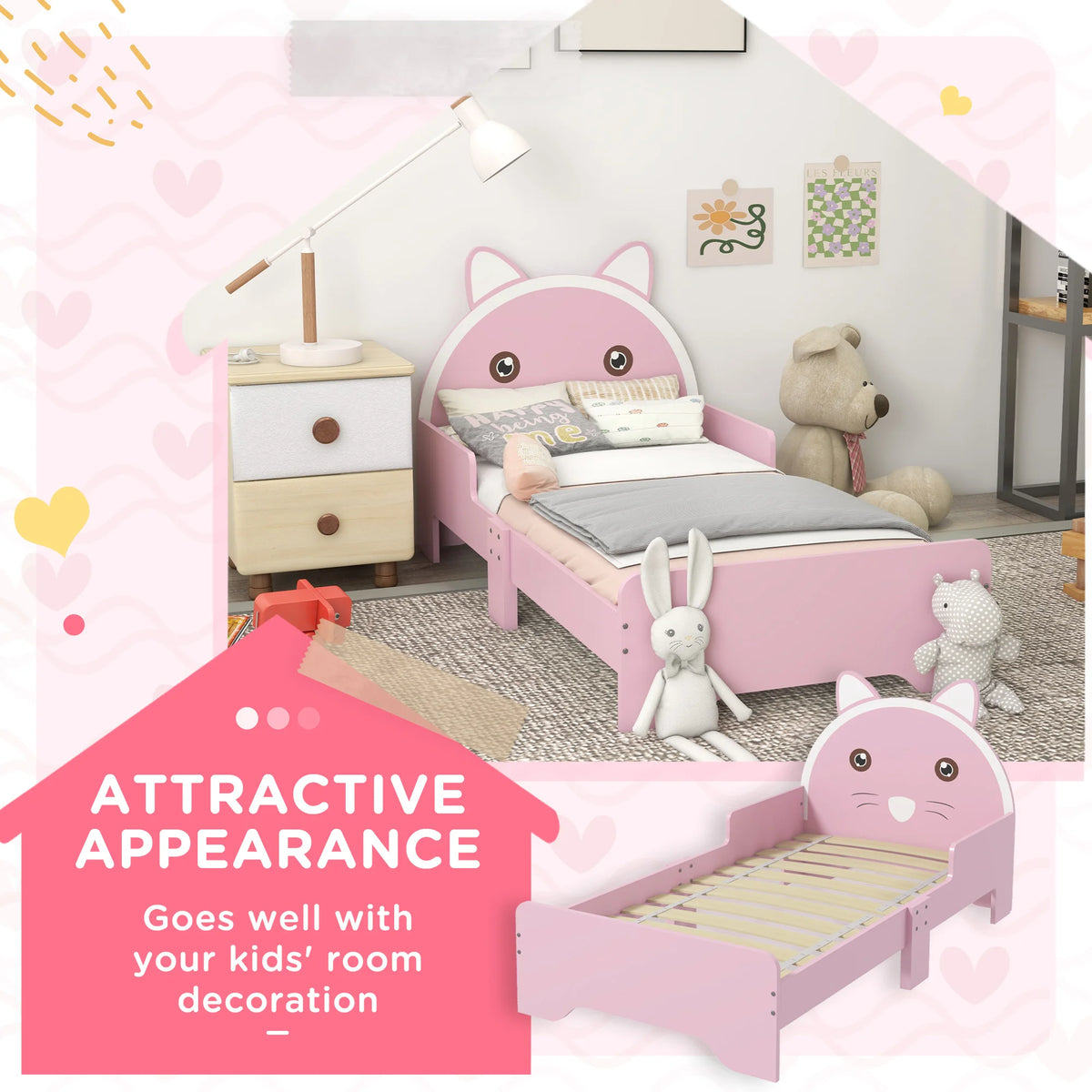Toddler Bed Frame with Cat Design and Guardrails, 143 x 74cm, Pink