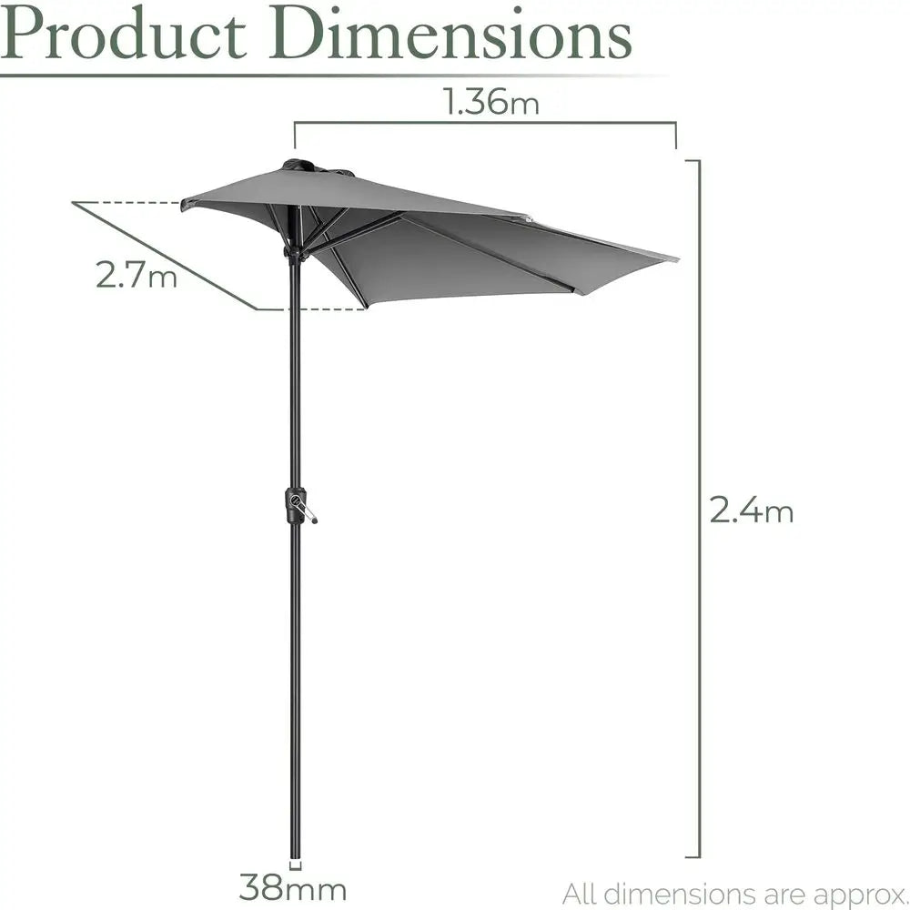 2.7m Half Parasol with Crank Handle, Wall and Balcony Garden Umbrella, UV30, Grey