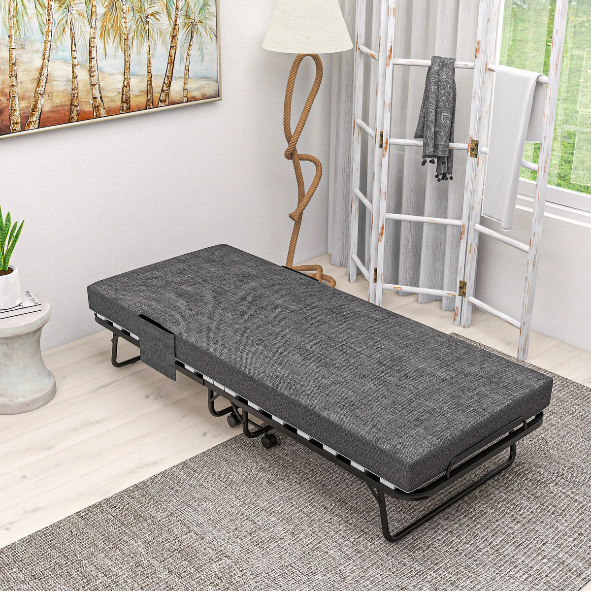 Folding Guest Bed with 10 cm Mattress and Lockable Wheels, Single 190 x 80 cm, Dark Grey