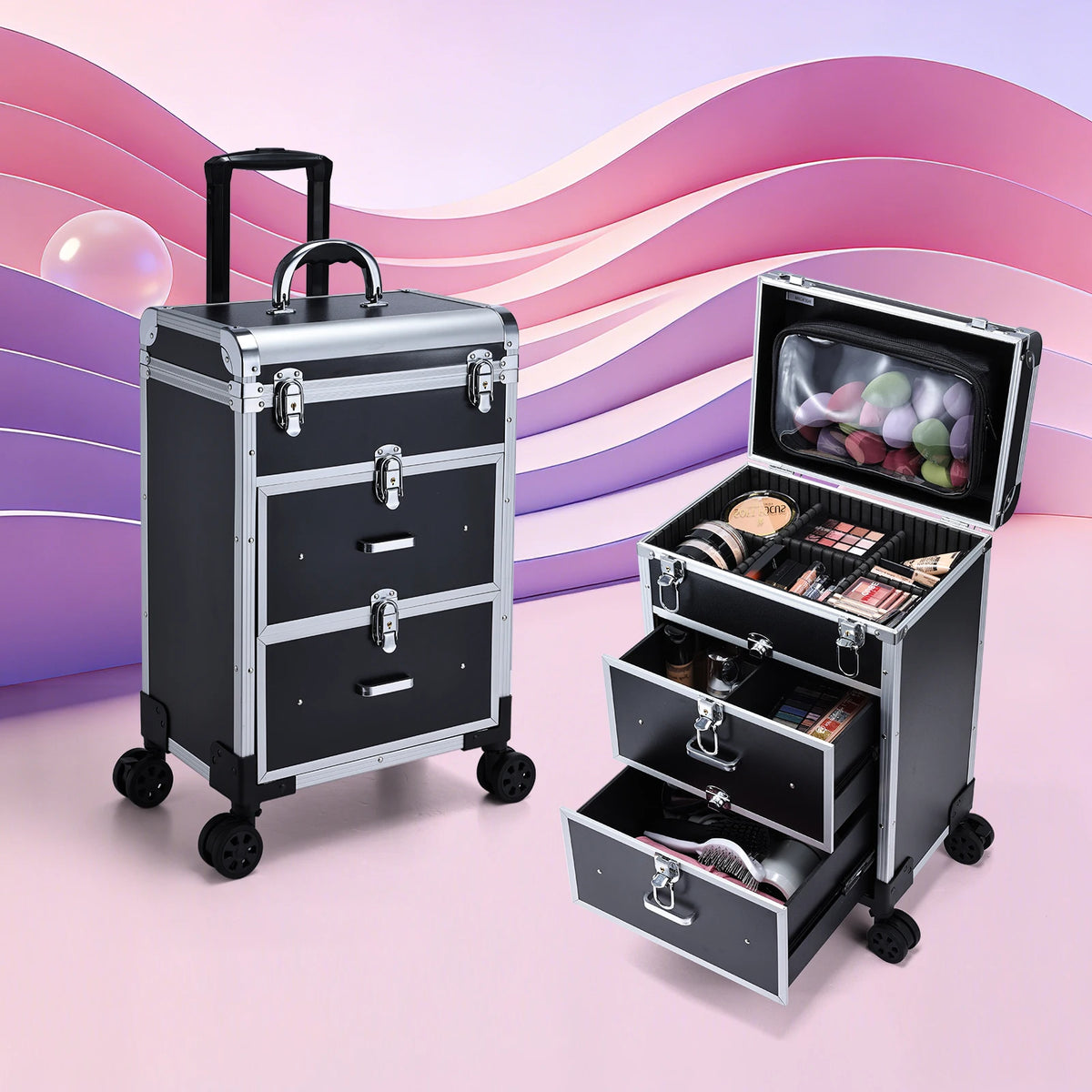 Professional Rolling Makeup Trolley Case with Locks and Drawers 36-55L PVC Cosmetics Storage Organiser