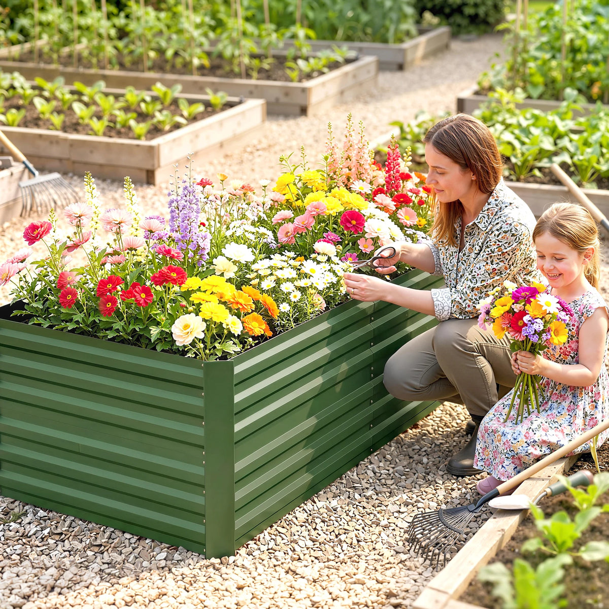 Galvanised Steel Outdoor Raised Bed with Reinforced Rods, Green
