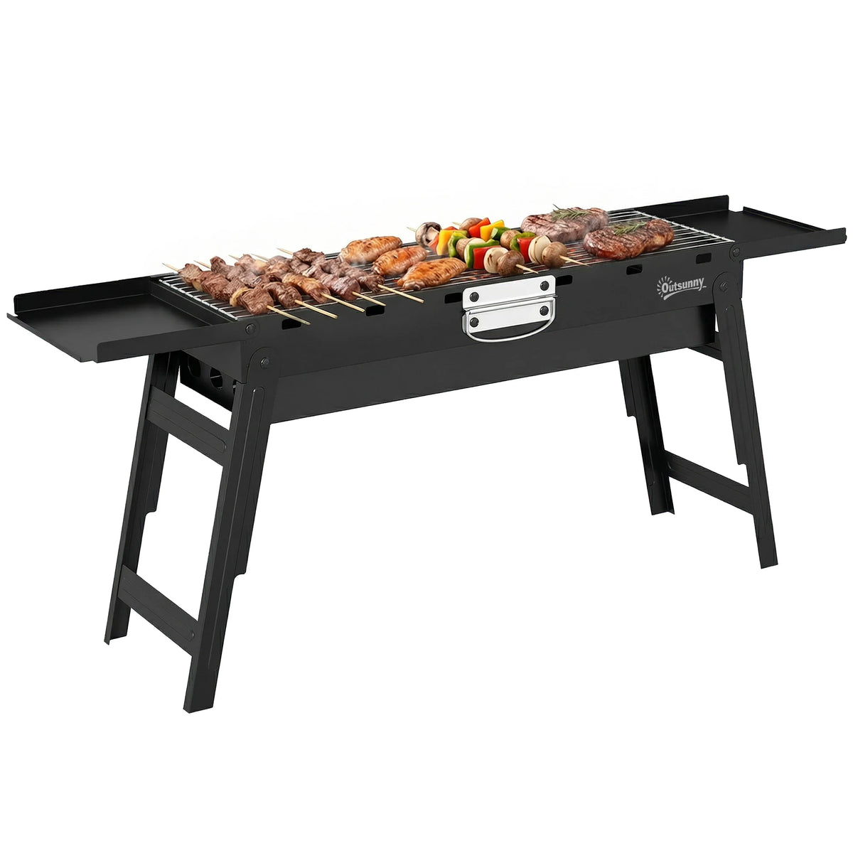 Foldable Charcoal BBQ Grill with 2 Side Shelves, Black