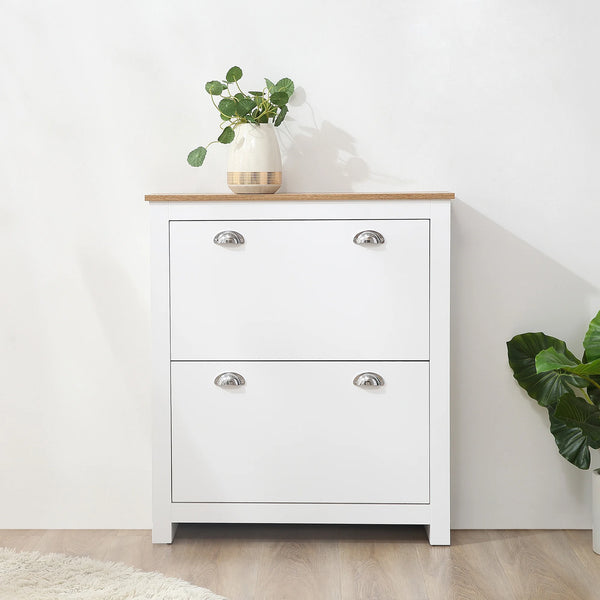 Narrow Shoe Cabinet with 2 Tipping Drawers for 12 Pairs up to UK Size 10 Adjustable Shelves Flat Top White