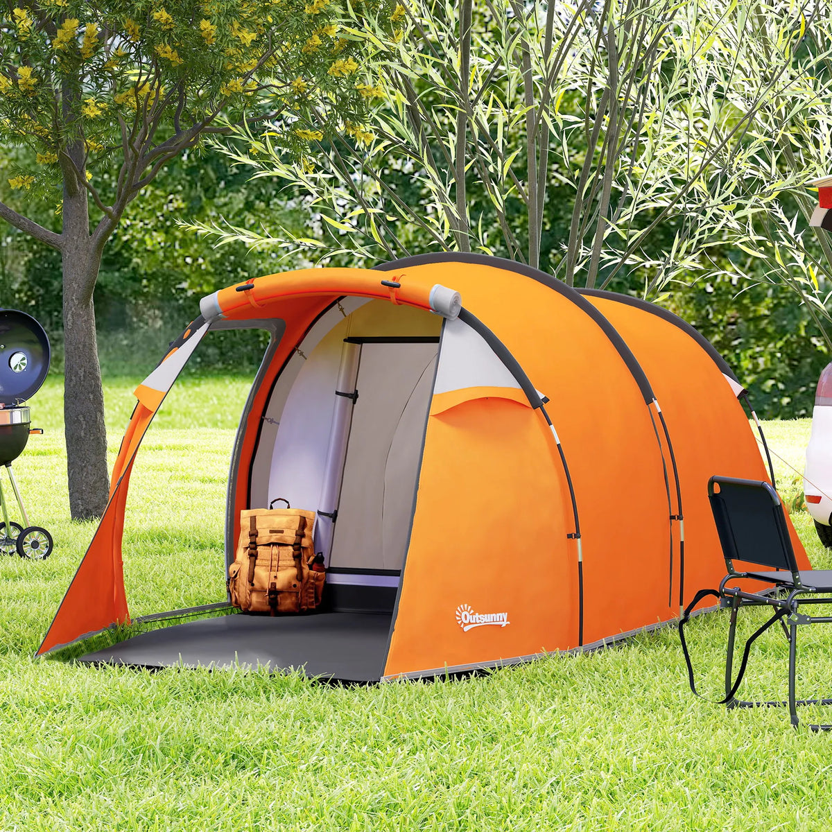 2-3 Person Tunnel Tent with Sewn In Groundsheet Front Porch 2000mm Waterproof Fibreglass Poles Orange