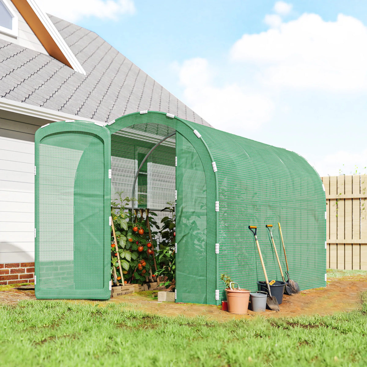 Walk-In Polytunnel Greenhouse with Hinged Door, 3 x 2 x 2m, Green