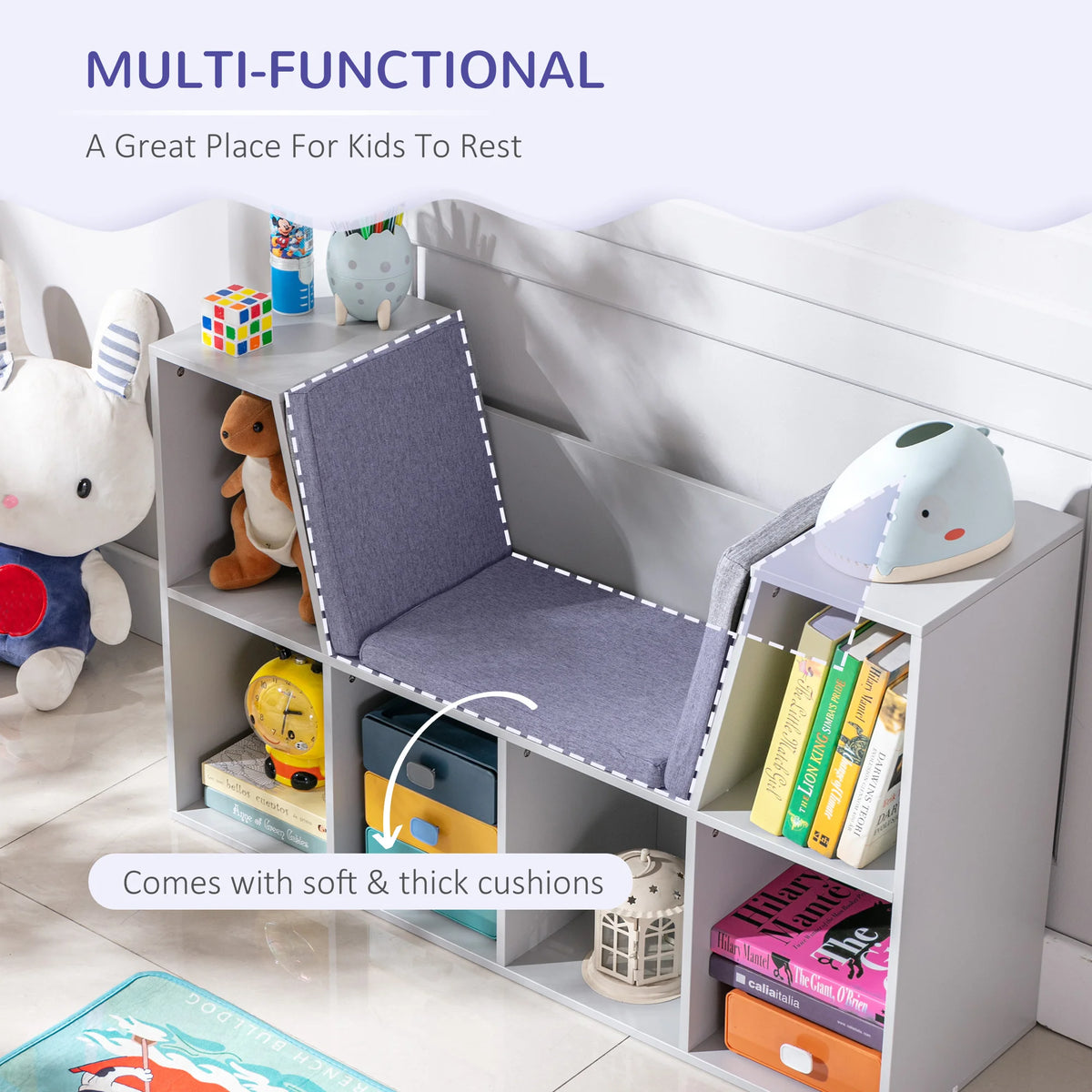 Kids Bookcase with 6 Compartments and Cushion Seat MDF Melamine Storage Unit 50kg Capacity Grey