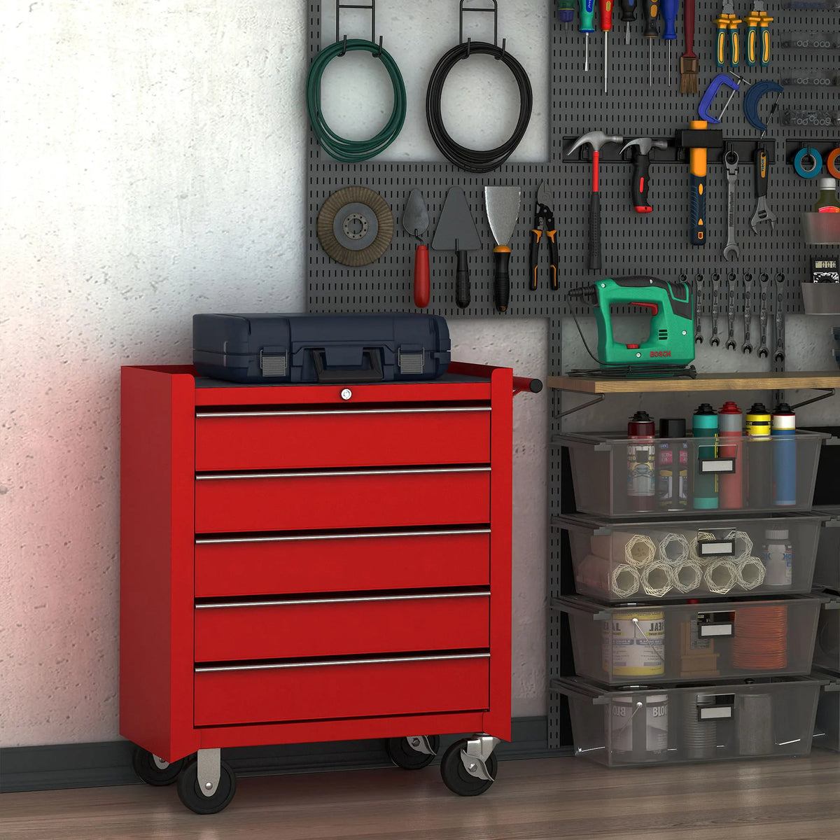 Tool Trolley with 5 Drawers Powder Coated Steel Chest on 4 Wheels 2 Brakes Top Lock and EVA Mats Red