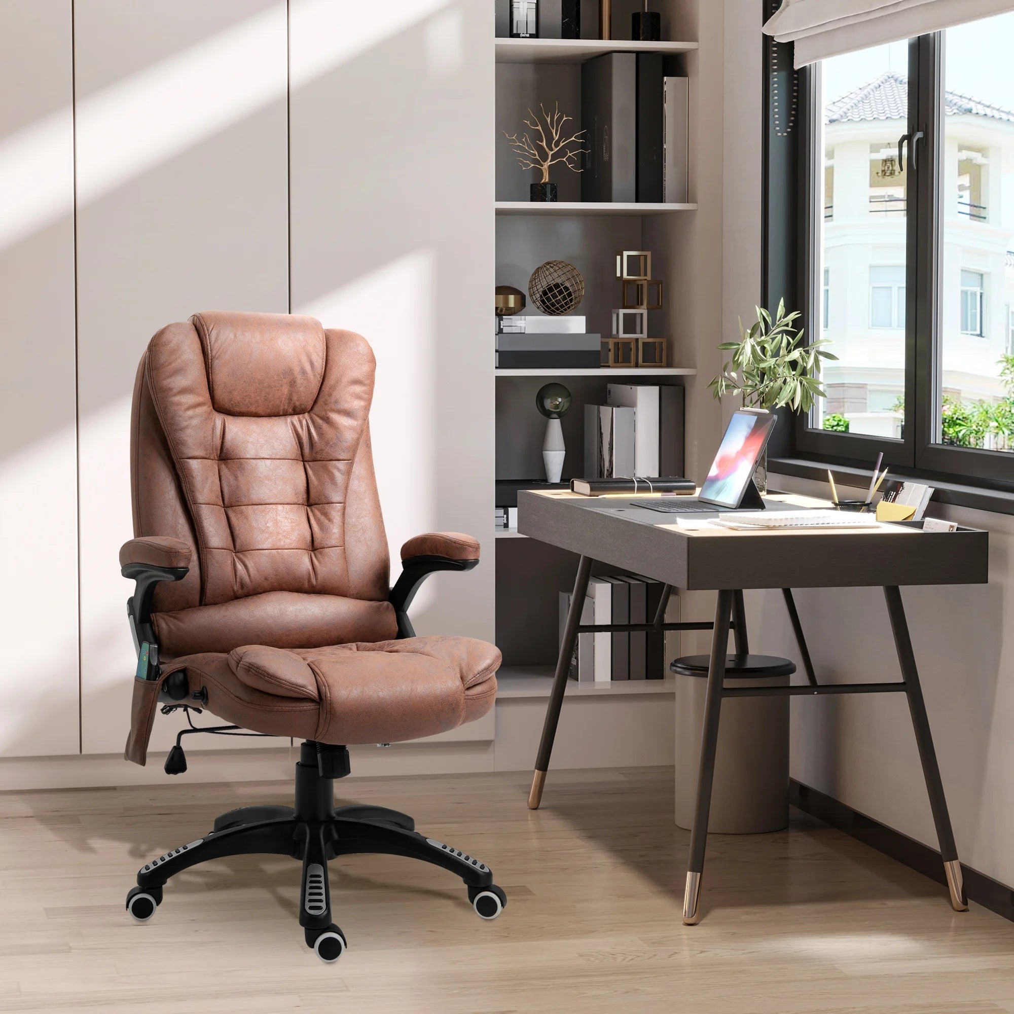 Brown Microfiber Massage Office Chair with 6 Massage Points and Heat | 360° Swivel Reclining Executive Chair