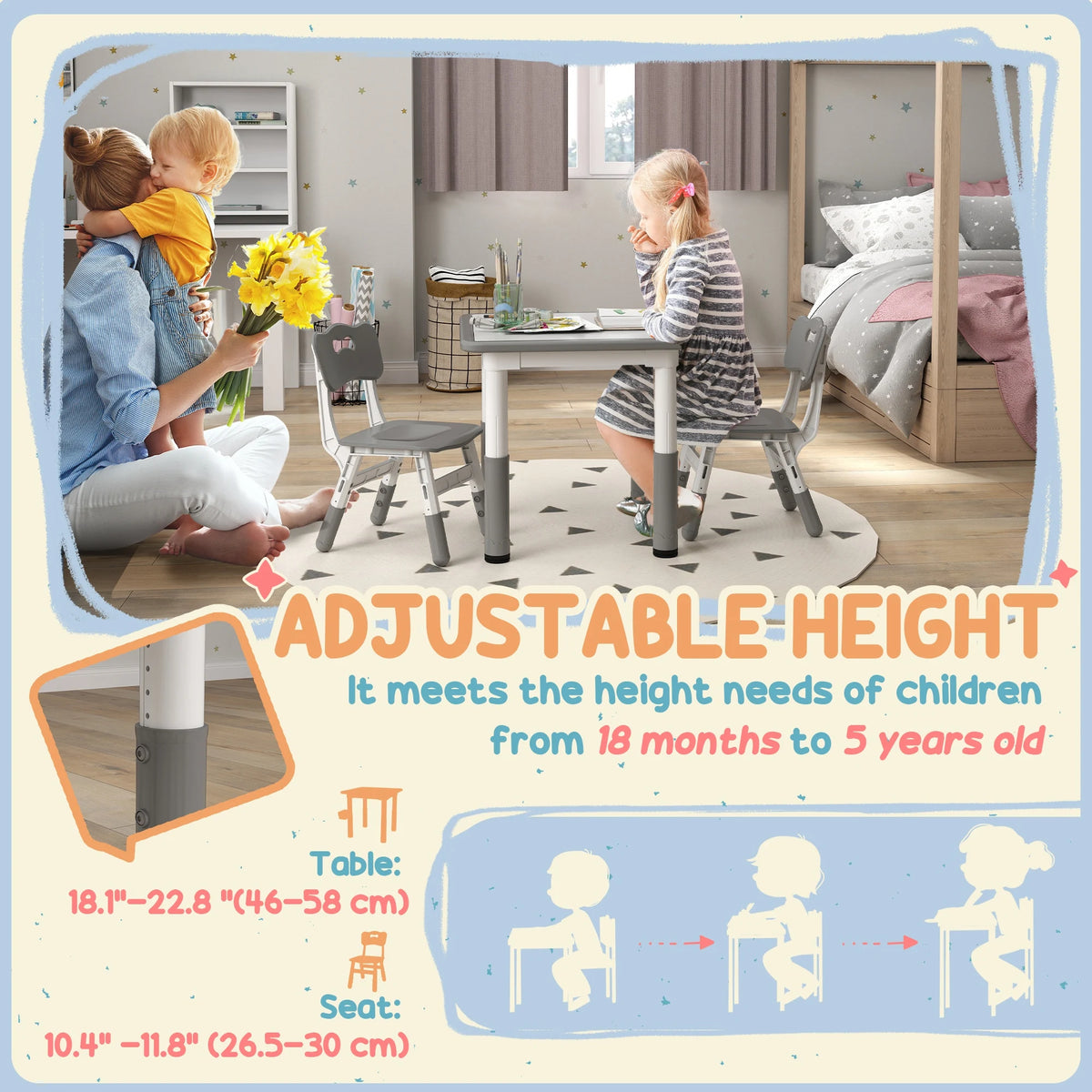 3 Piece Kids Table and Chair Set with 7 Table Heights and 3 Chair Heights Wipe Clean Arts and Crafts Grey