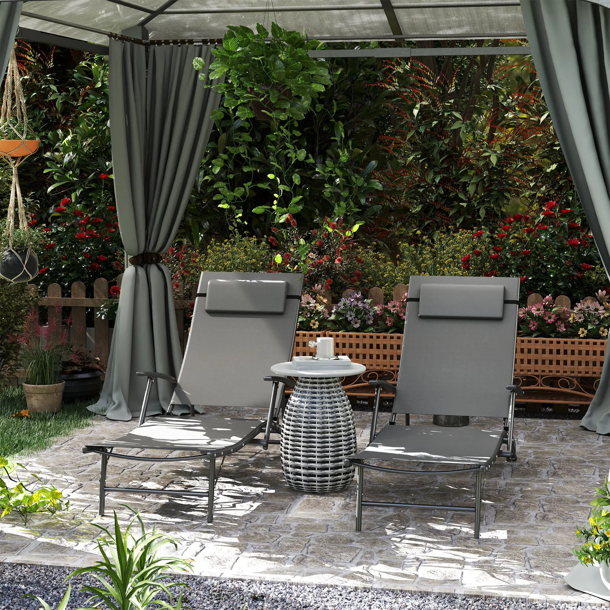 Set of 2 Folding Garden Sun Loungers with 4 Recline Positions, Texteline Mesh and Head Pillow