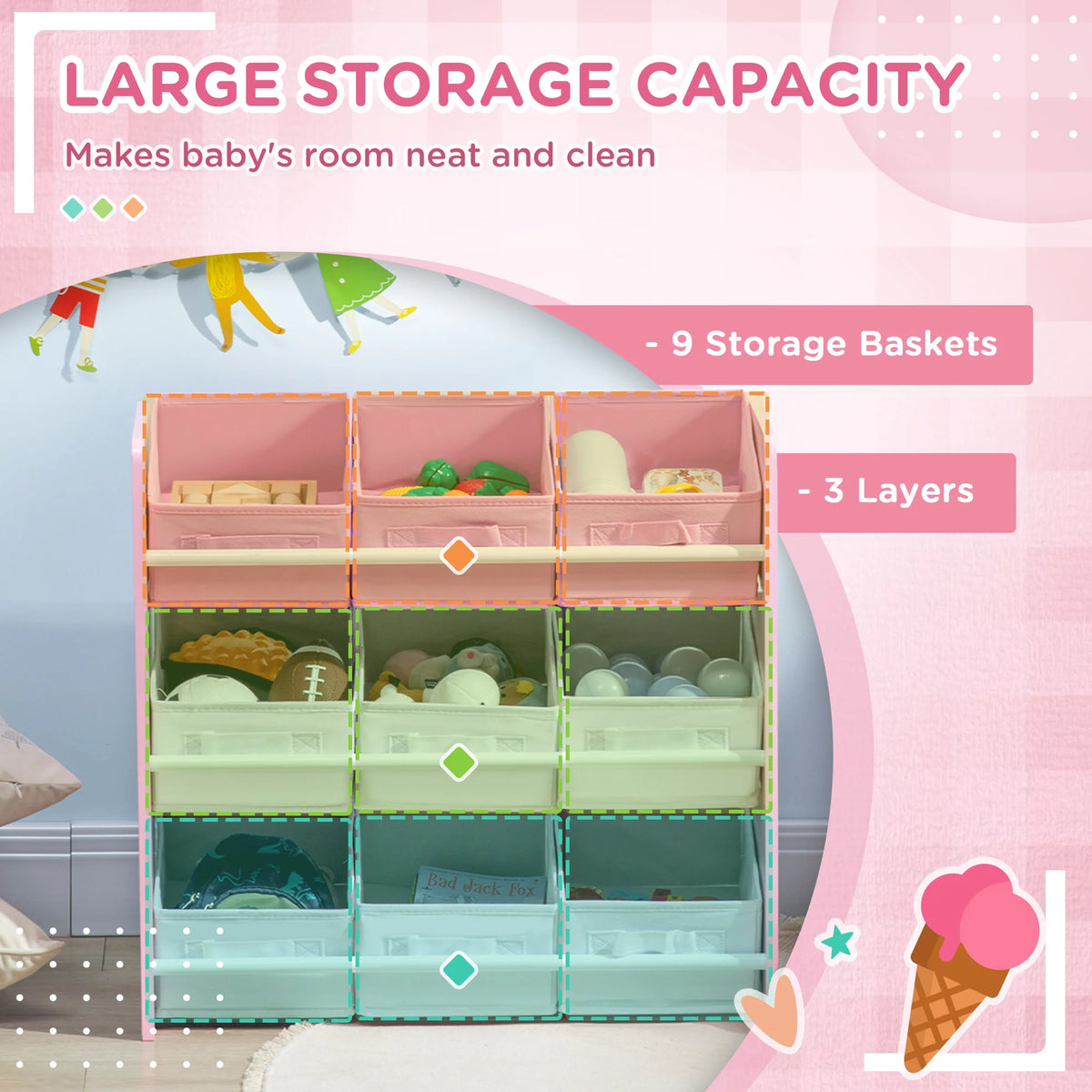 Kids Storage Unit with 9 Removable Baskets 63x30x60cm Toy Organiser Bookshelf MDF Rounded Edges