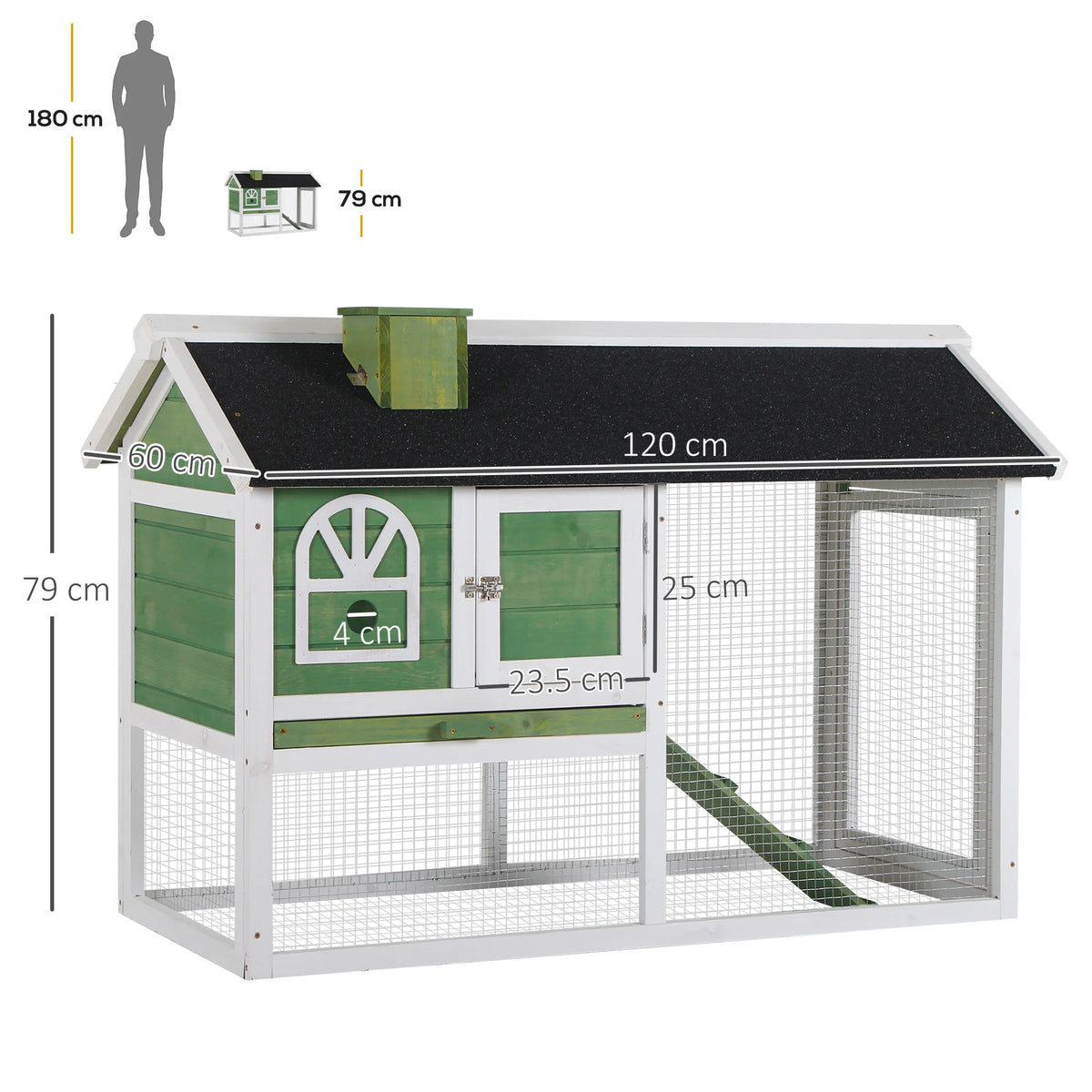 Rabbit Hutch 120x60x79cm Fir Wood Bunny Cage with Run Ramp Asphalt Roof and Pull Out Tray Green