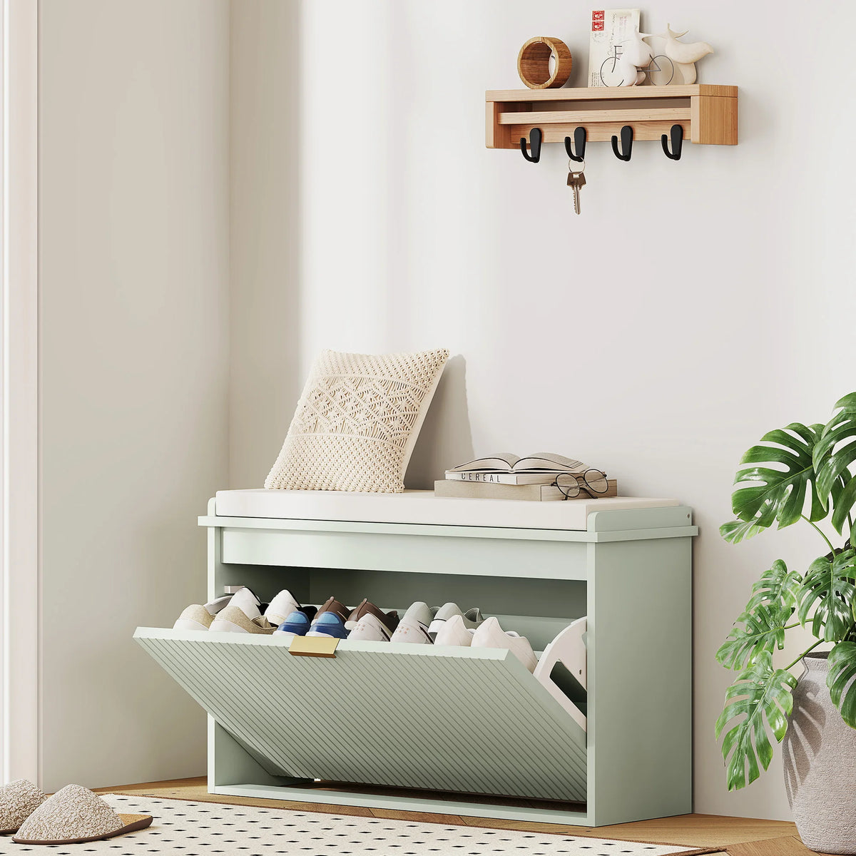 Shoe Storage Bench with Cushioned Seat and Flip Drawer, 80 x 26 x 47.5 cm, Green