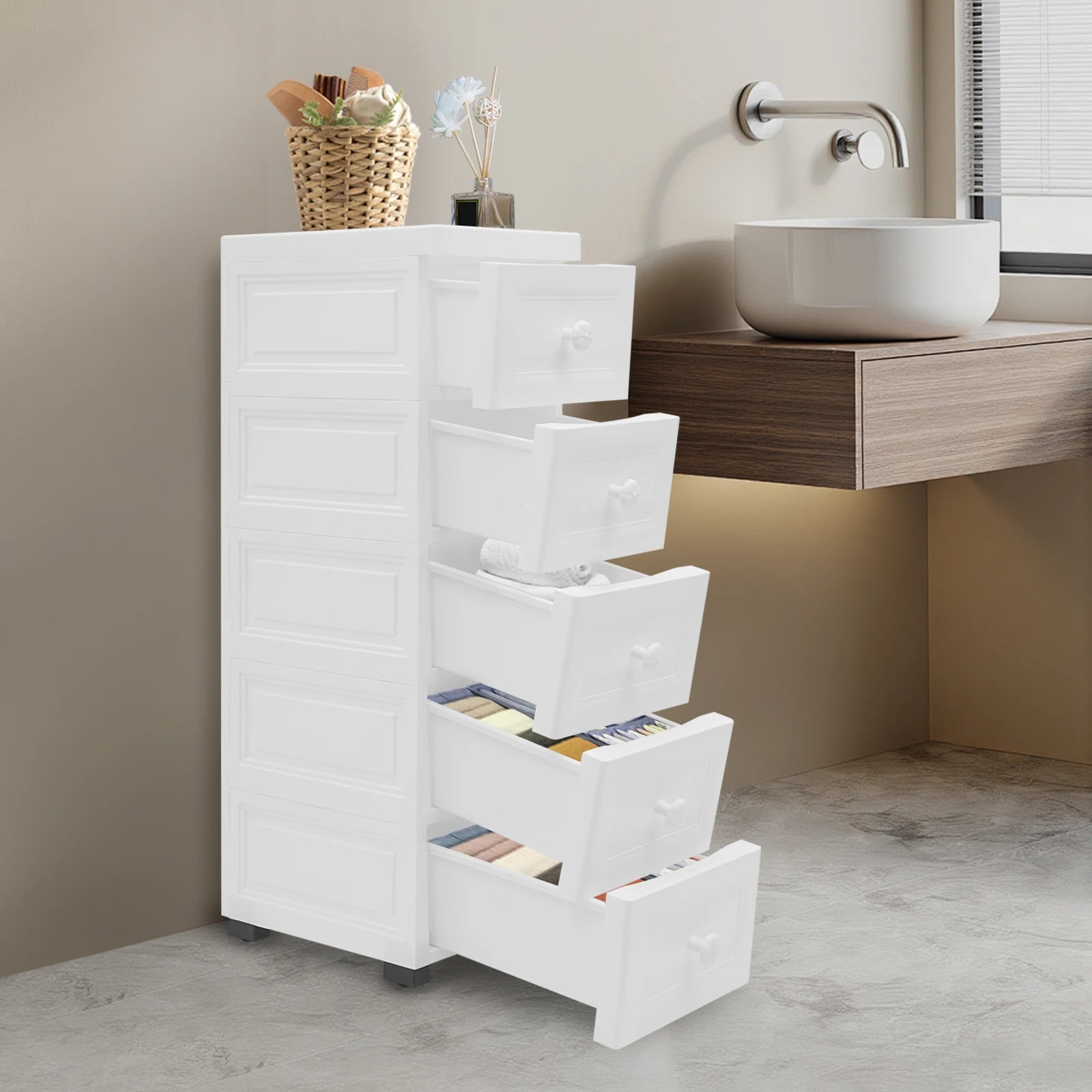 5 Drawer Rolling Storage Cabinet PP Plastic with Wheels Anti-Fall 25x34x82cm for Bedroom Kitchen Living Room