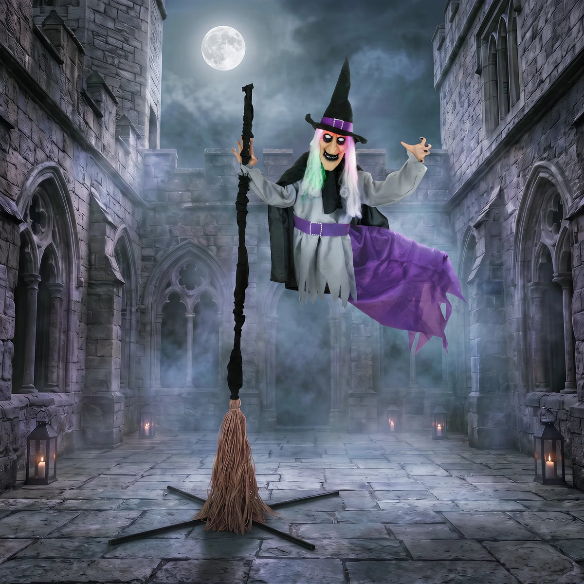 Green and pink LEDs glowing in the head of a flying witch prop