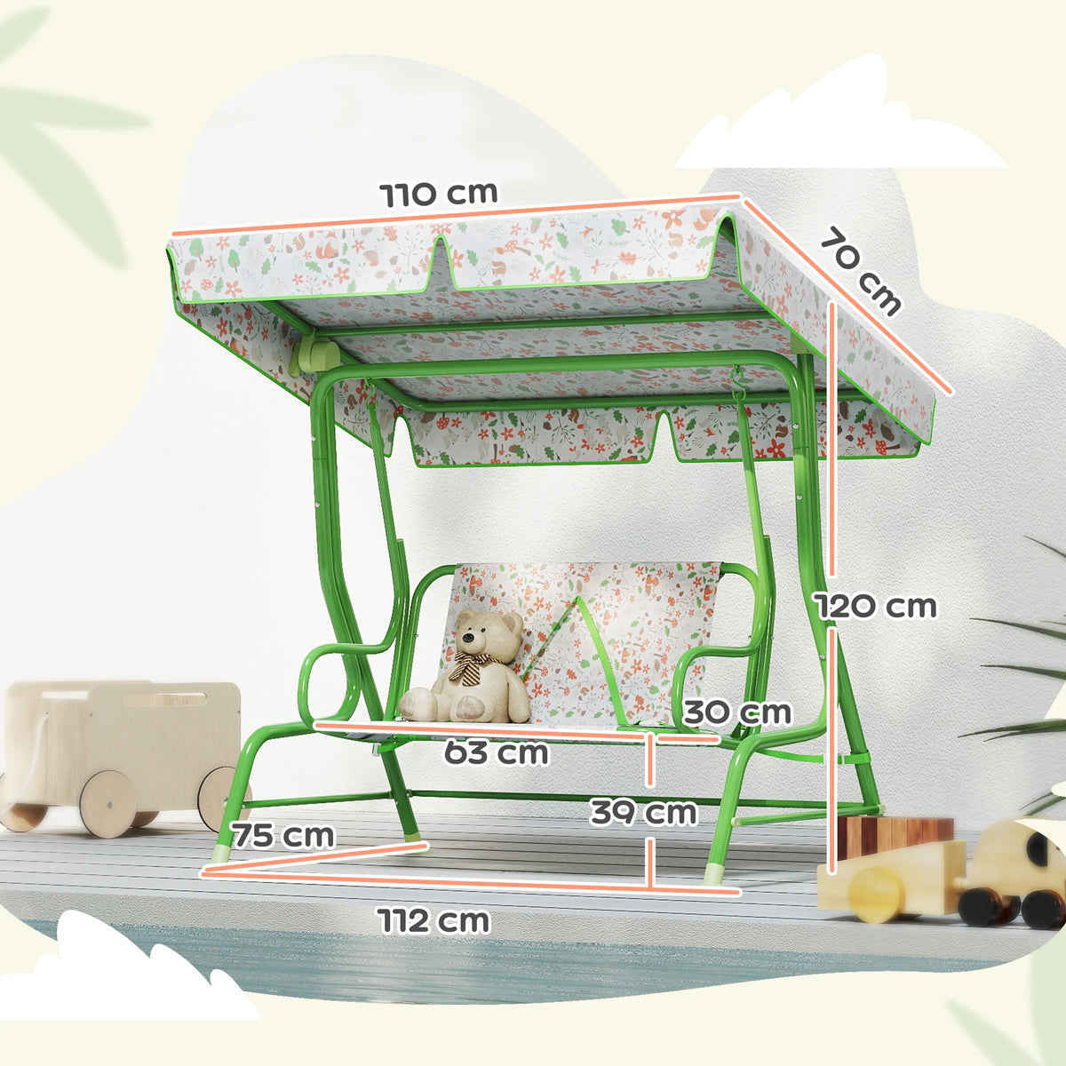2 Seater Kids Garden Swing Chair with Adjustable Canopy Non Skid Feet Fox Pattern Steel Frame Green