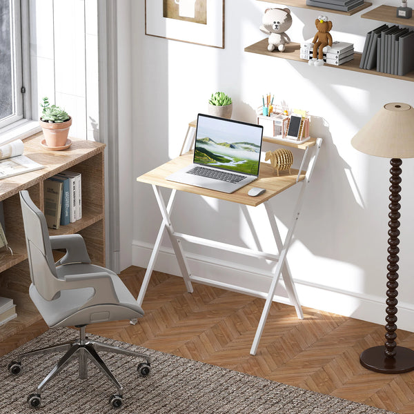 Small Folding Computer Desk with Monitor Shelf, 70cm, Natural and White