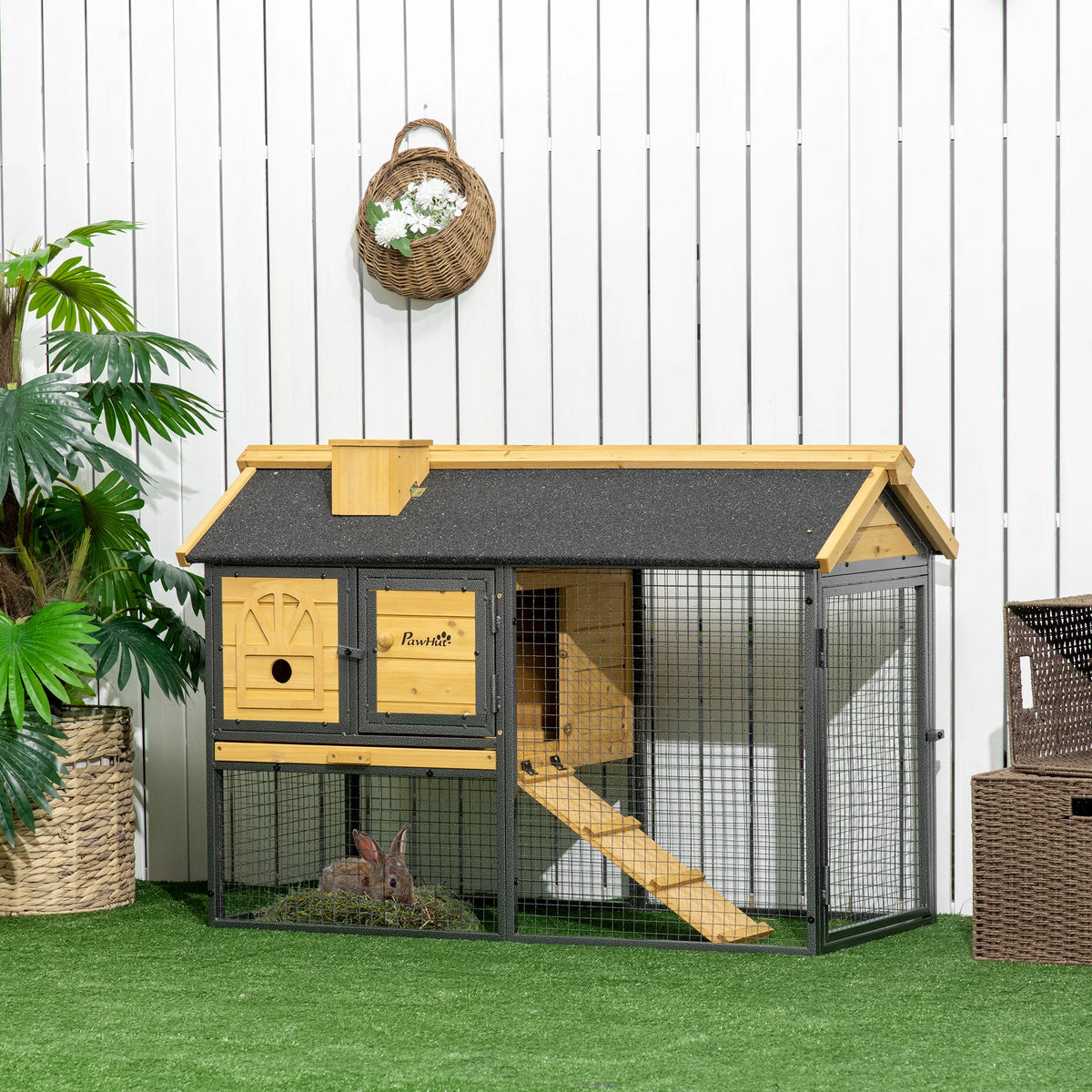 4ft Rabbit Hutch 120x55.5x80cm 2 Tier Bunny Cage with Ramp Asphalt Roof and Slide Out Tray