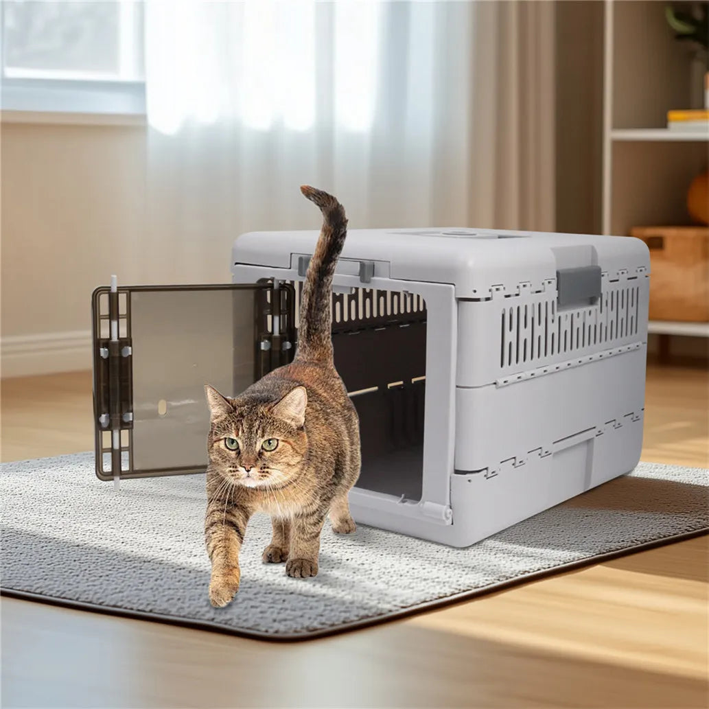 Foldable Hard Pet Carrier Box Lockable Travel Crate for Cats and Small Dogs 48x32x31.5cm Grey