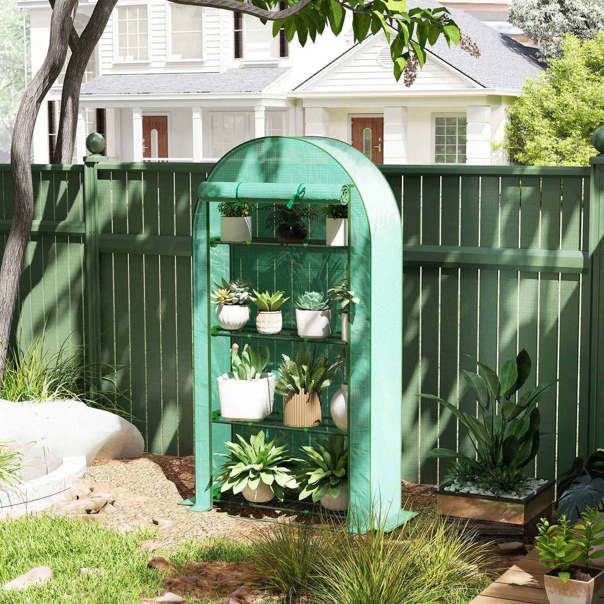 4 Tier Mini Greenhouse with Reinforced PE Cover, Roll-Up Door, Green