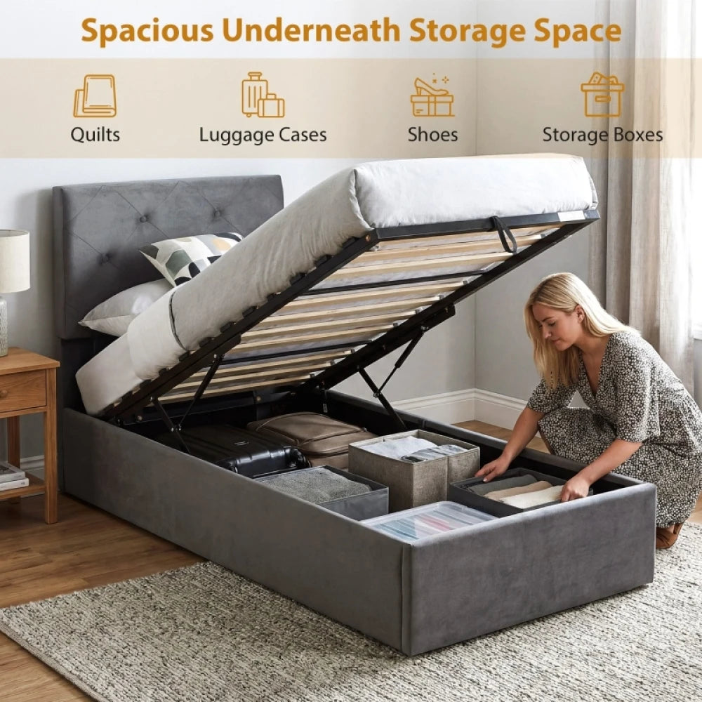 90 x 190cm Single Gas Lift Storage Bed Frame, Dark Grey Velvet Button-Tufted Headboard, BS5852 Fire-Retardant