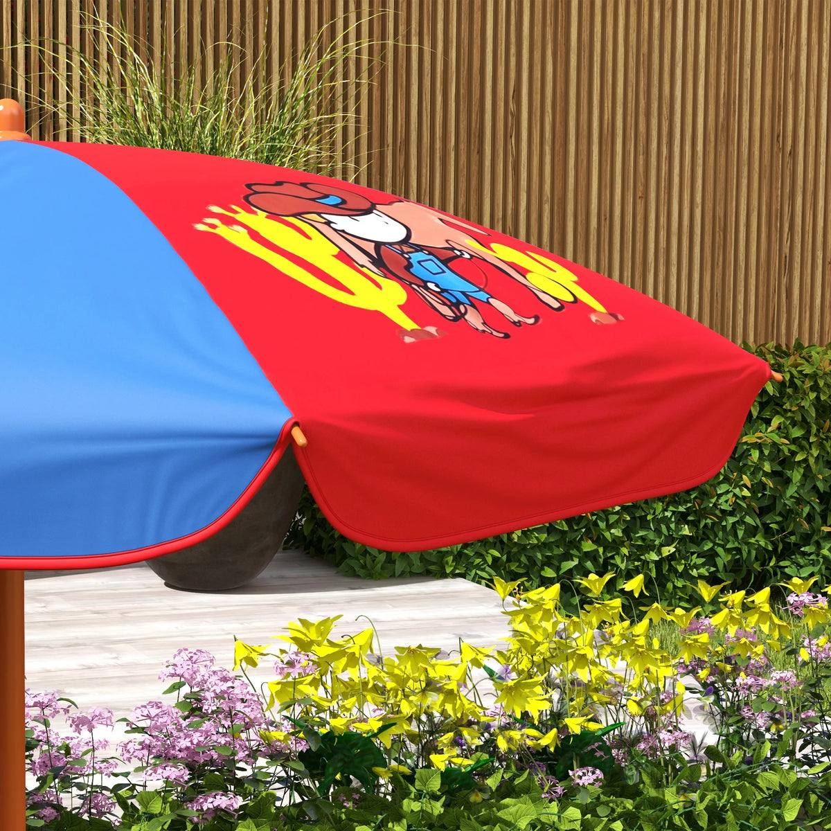 Kids Bistro Table and Chair Set Cowboy Theme with Adjustable Parasol 86-122cm and Folding Safety Lock Chairs
