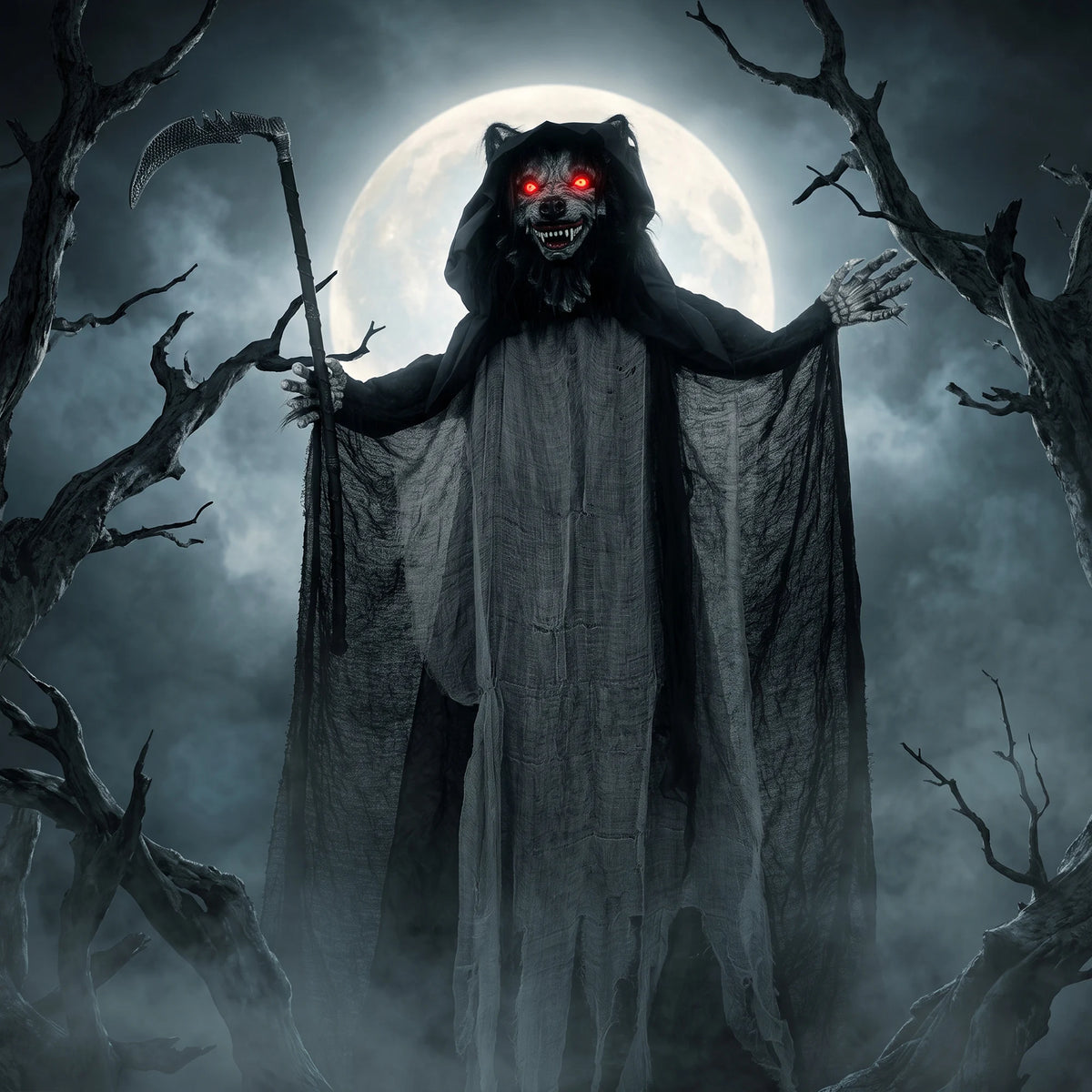 Black werewolf decoration shown in a garden display