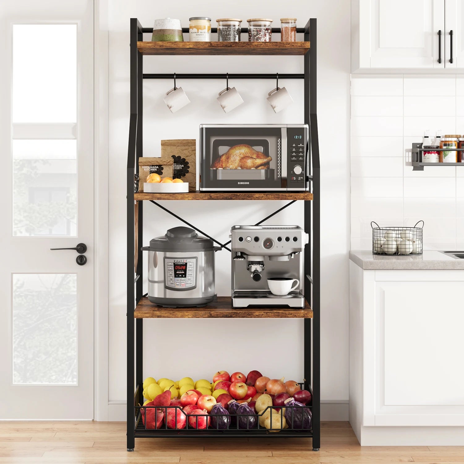 4-Tier Kitchen Bakers Rack with Wire Basket and 8 Hooks | Microwave Stand Coffee Bar Storage Shelf Unit