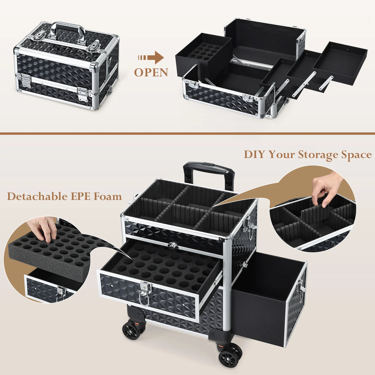 Cosmetology Case on Wheels with Large Trays and Drawers 36-55L PVC Rolling Salon Cart for Barbers and Manicure