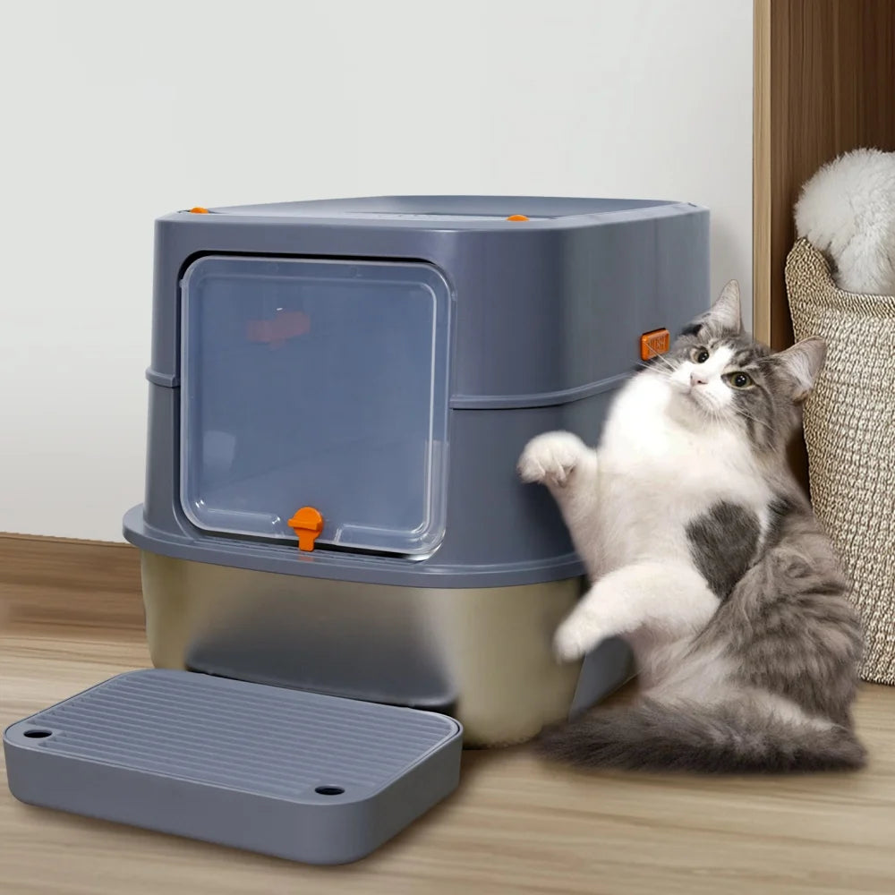 XL Stainless Steel Cat Litter Box, Fully Enclosed High Sided Tray