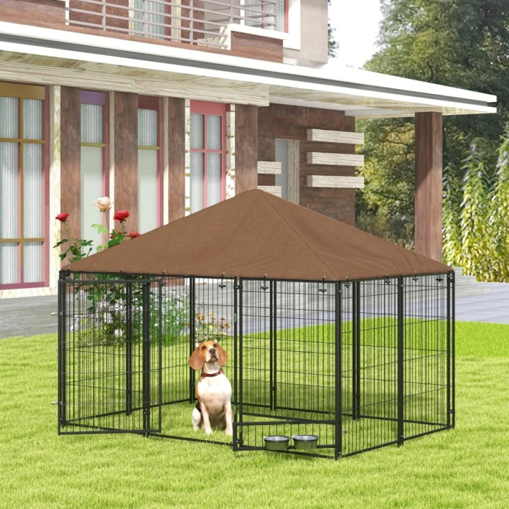 Outdoor Dog Kennel 211x141x151cm Puppy Playpen with Canopy Rotating Bowl Garden Fence Enclosure Brown