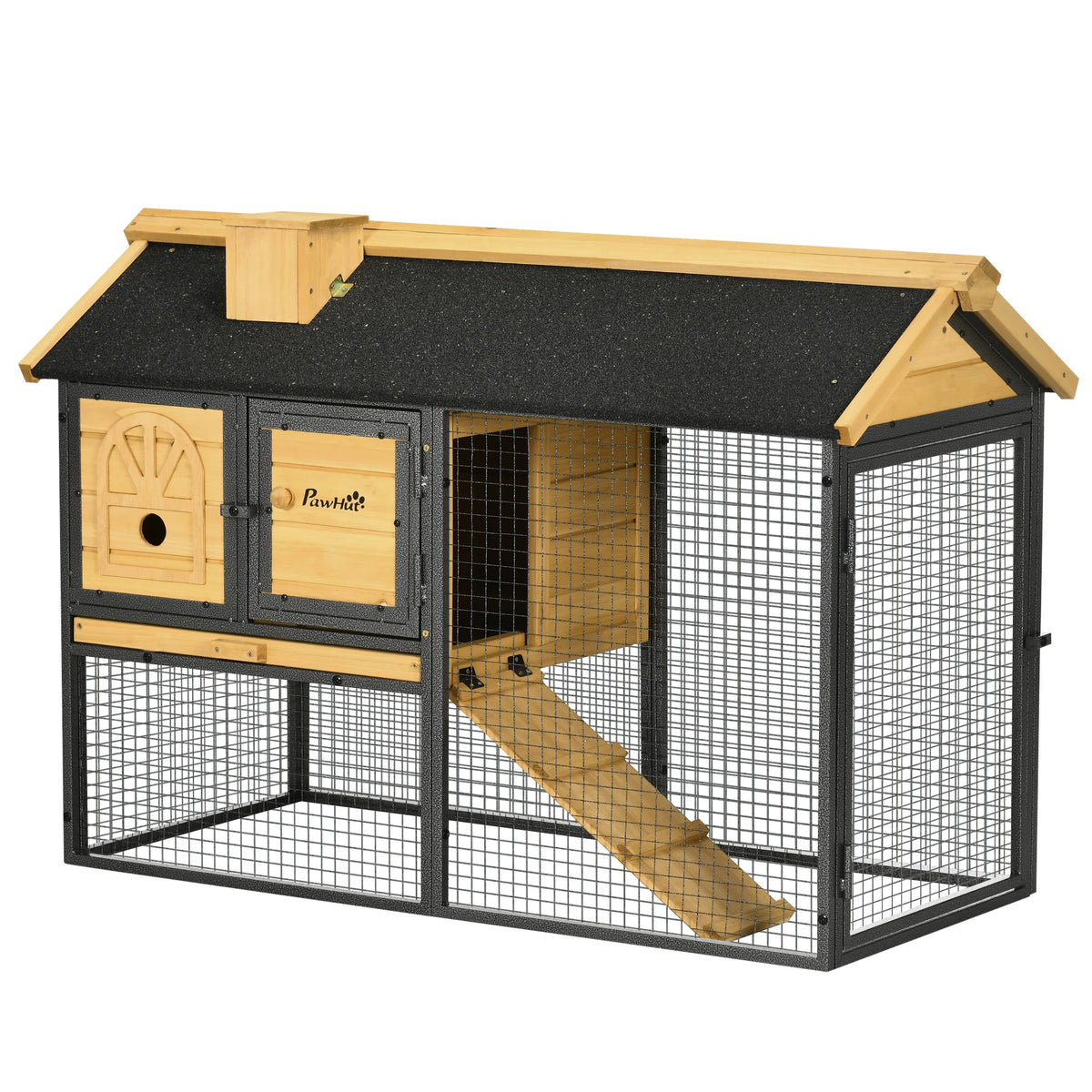 4ft Rabbit Hutch 120x55.5x80cm 2 Tier Bunny Cage with Ramp Asphalt Roof and Slide Out Tray
