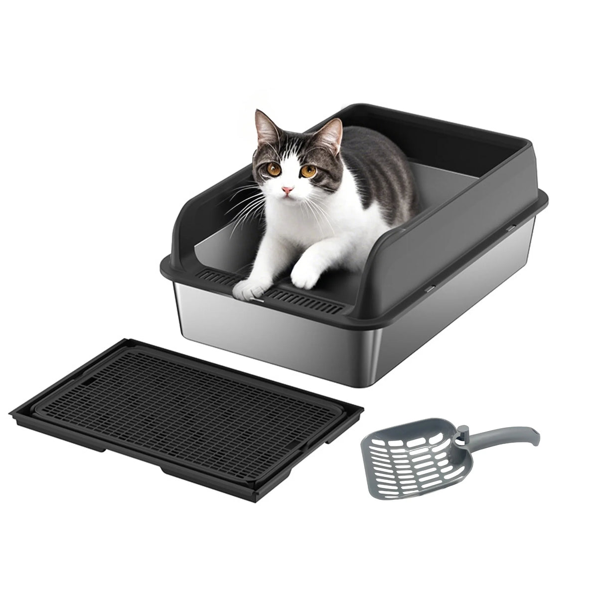 Stainless Steel Cat Litter Box with Lid High Sides 15.75x11.81in Double Layer Mat Non-Stick for Big Cats