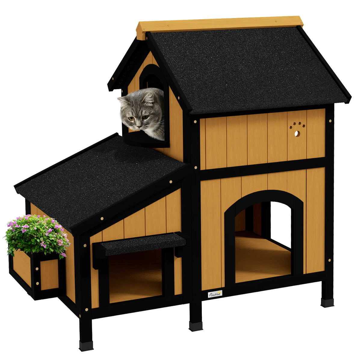 Wooden Outdoor Cat House with Flower Box, Windows and Multiple Entrances, Yellow