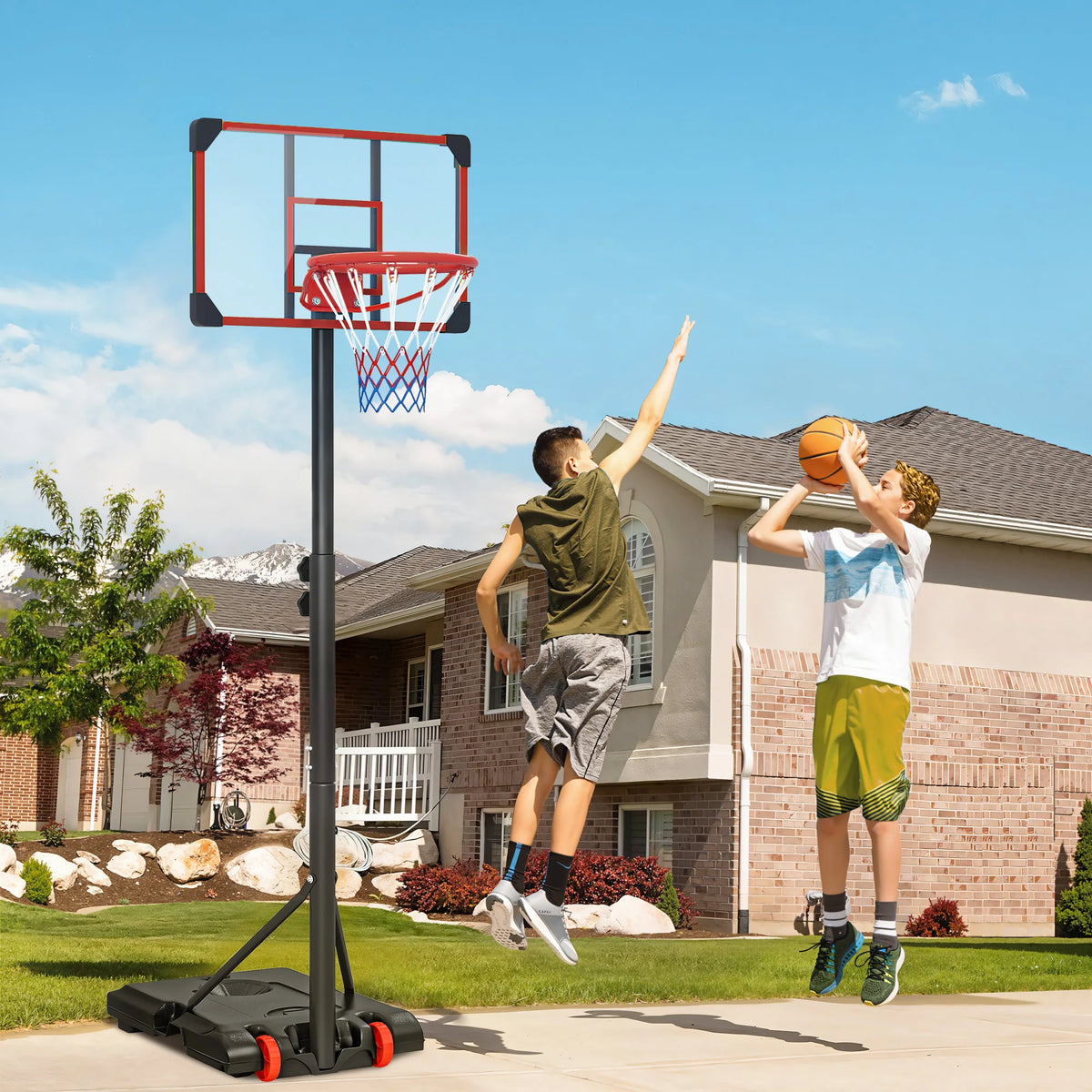 Adjustable Basketball Hoop and Stand with Wheels, Weighted Base, 1.8-2.1m, Red